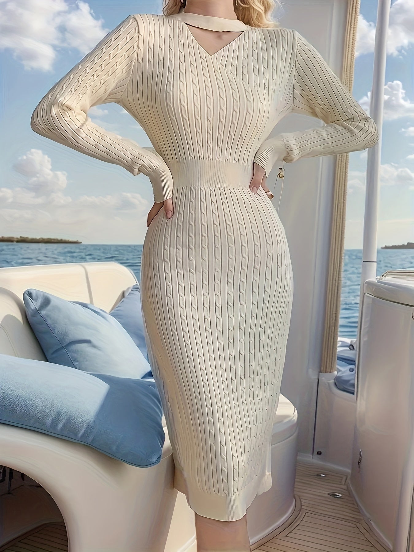Sixsr Keyhole Sweater Dress, Elegant Long Sleeve Split Bodycon Dress, Women's Clothing