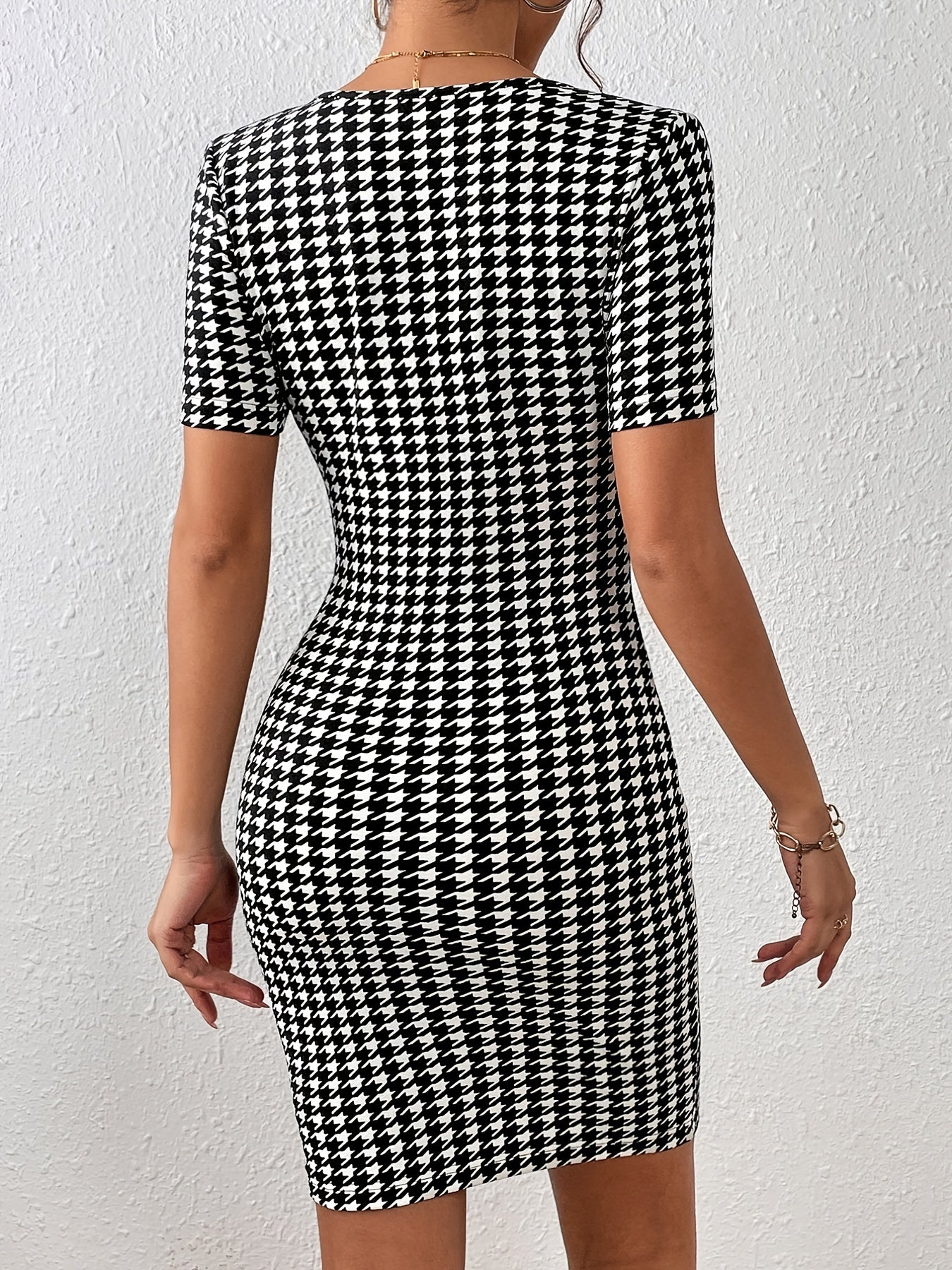 Sixsr Houndstooth Print Bodycon Dress, Elegant Sweetheart Neck Short Sleeve Dress, Women's Clothing