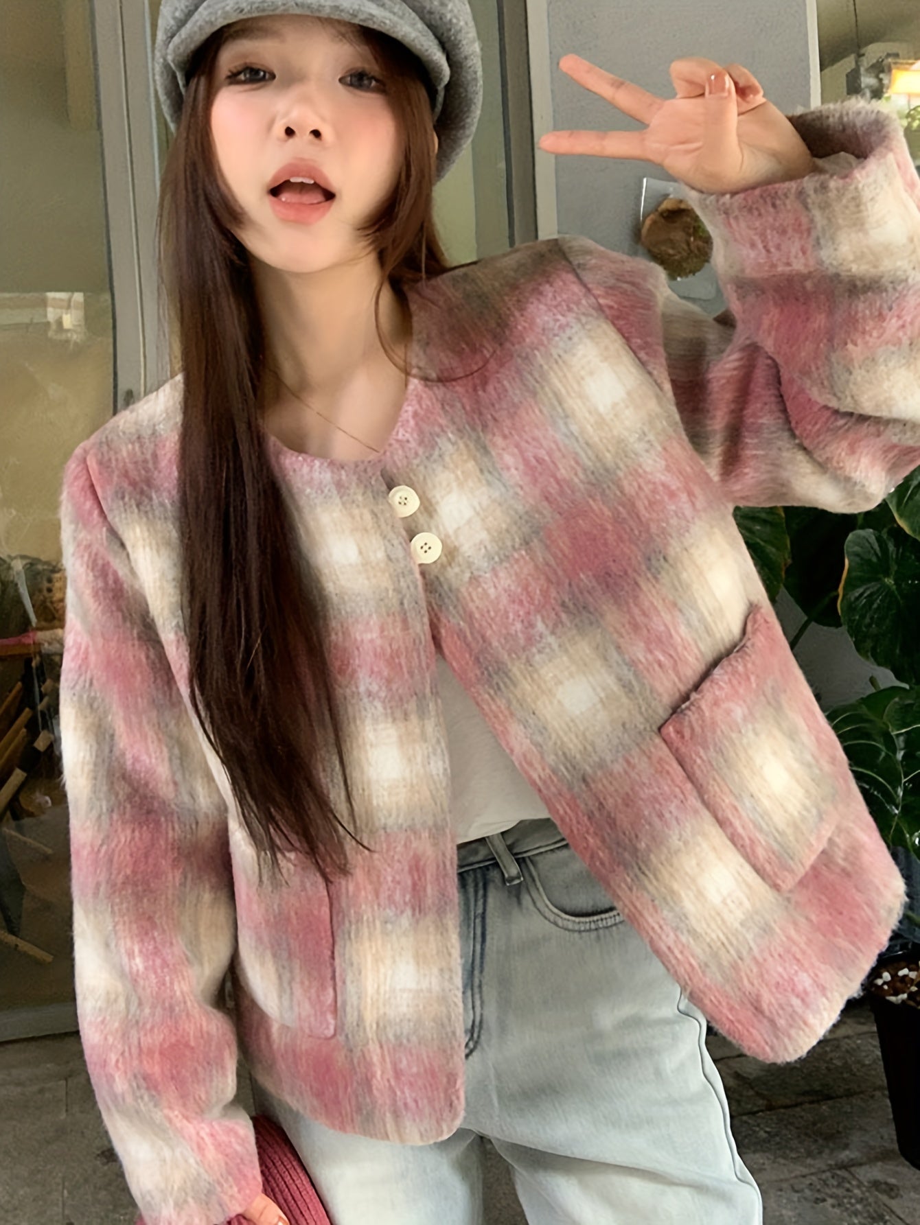 Sixsr Plaid Pattern Single Breasted Pockets Jacket, Elegant Long Sleeve Outwear For Fall & Winter, Women's Clothing