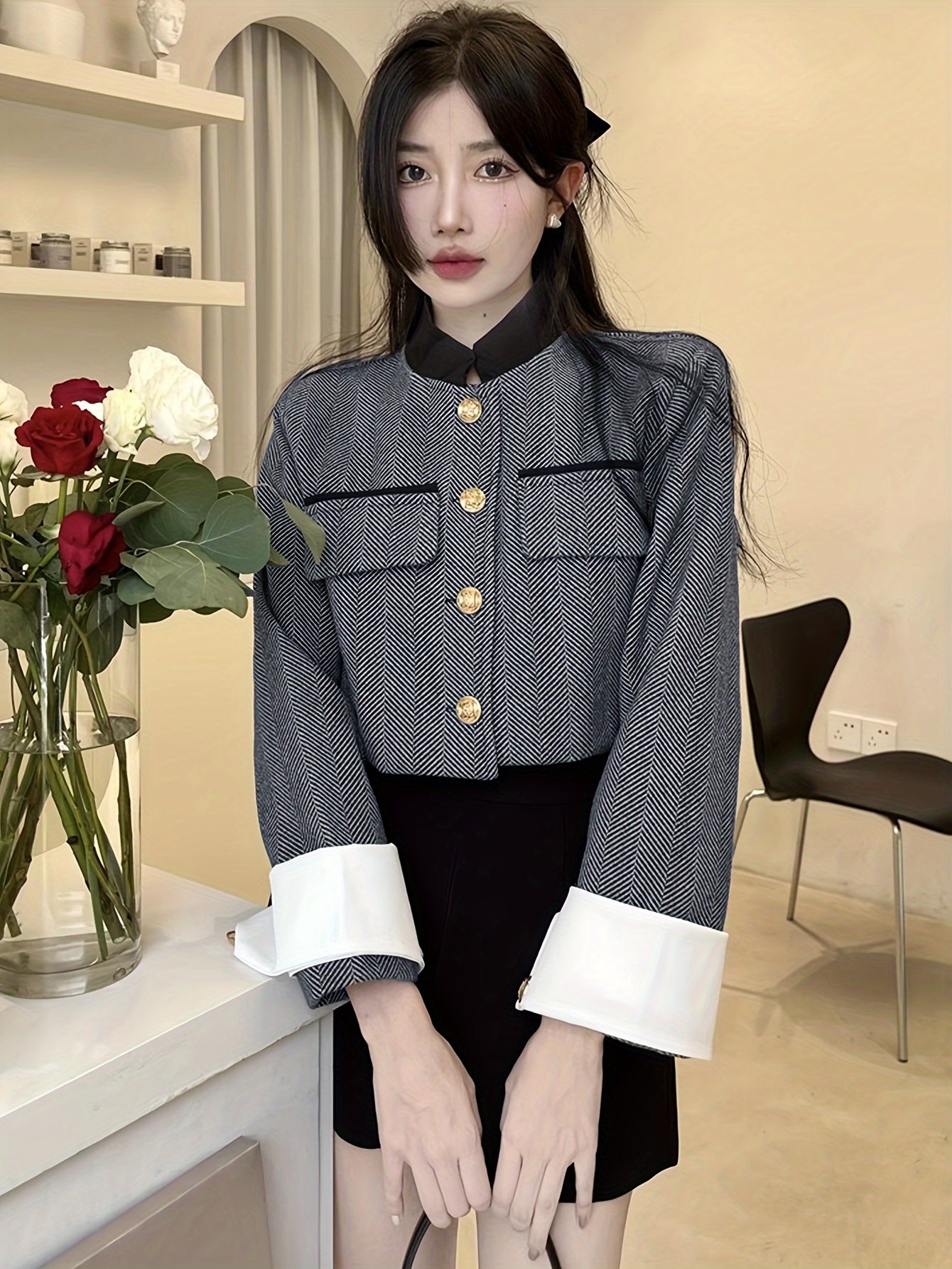 Sixsr Contrast Trim Single Breasted Jacket, Elegant Long Sleeve Stand Collar Outwear For Fall & Winter, Women's Clothing