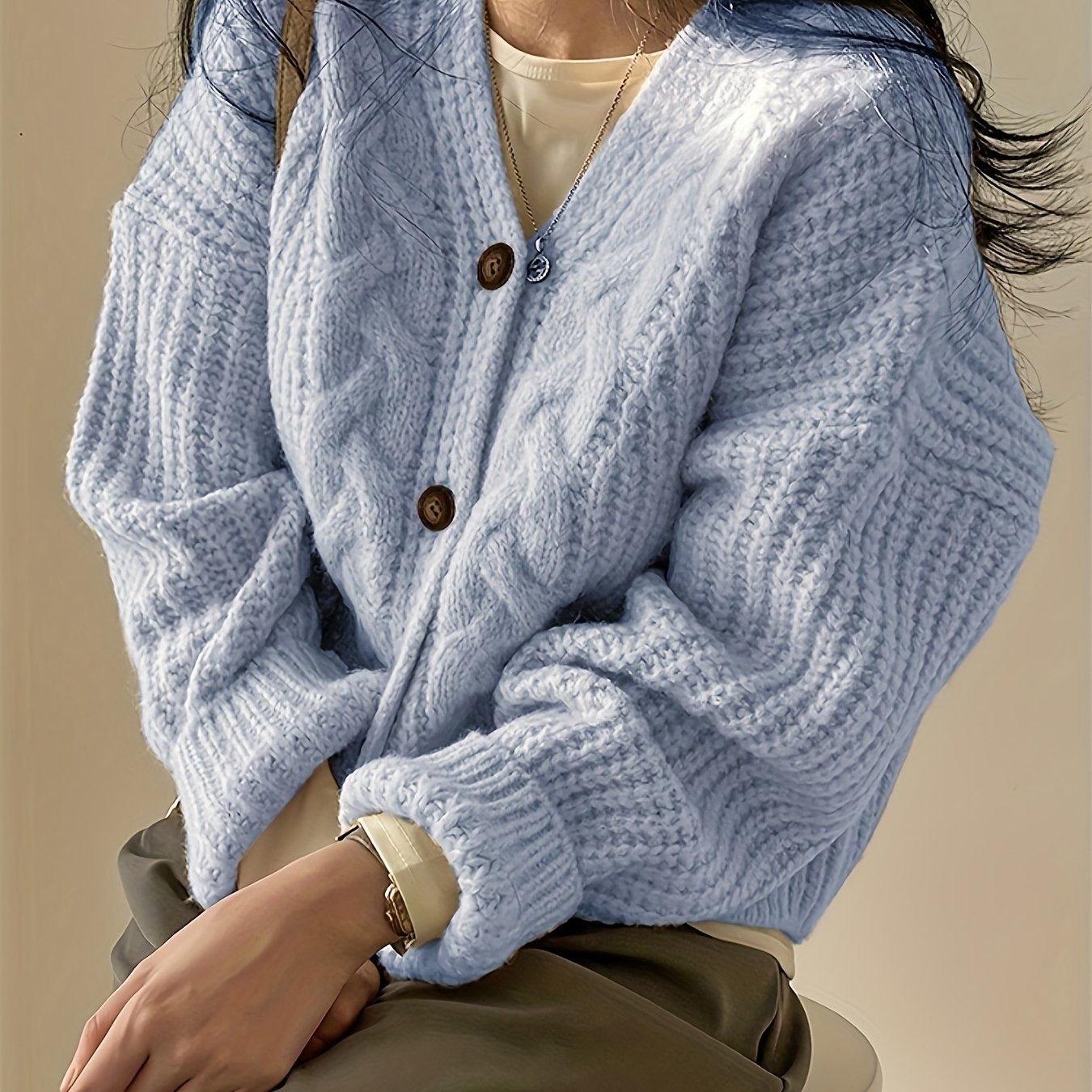 Sixsr Button Front Chunky Knit Cardigan, Vintage Long Sleeve Cardigan For Fall & Winter, Women's Clothing