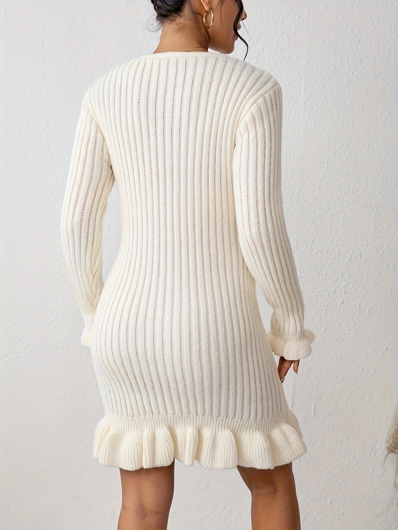 Sixsr Ruffle Hem Solid Sweater Dress, Casual Crew Neck Long Sleeve Dress, Women's Clothing
