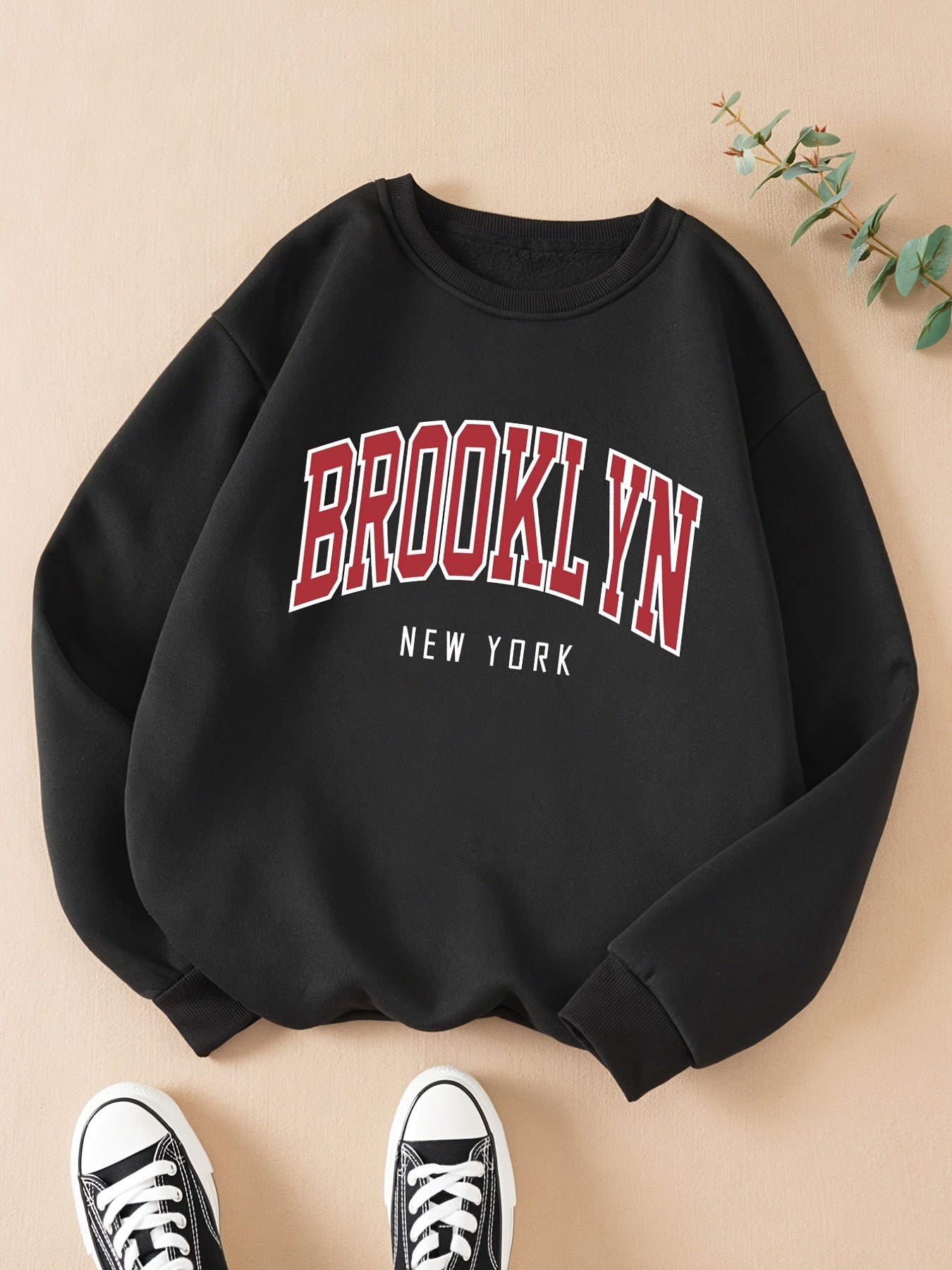 Sixsr Brooklyn Print Solid Pullover, Crew Neck Long Sleeve Casual Sweatshirt, Women's Clothing