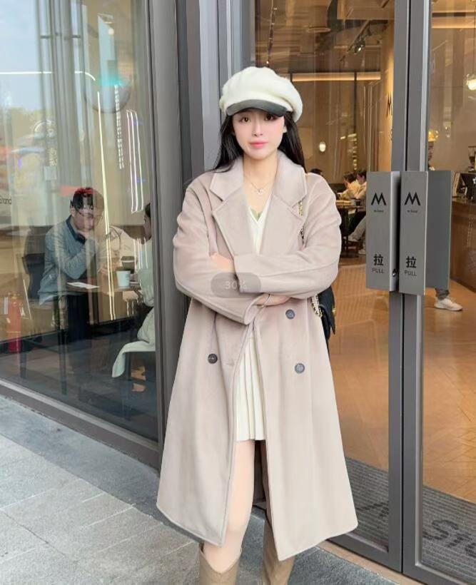 Sixsr Trends Hot Sale Casual Autumn Women Commuter Pocket Jacket Elegant Double Breasted Straight Outerwear Fashion Lapel Solid New Long Sleeve Coats