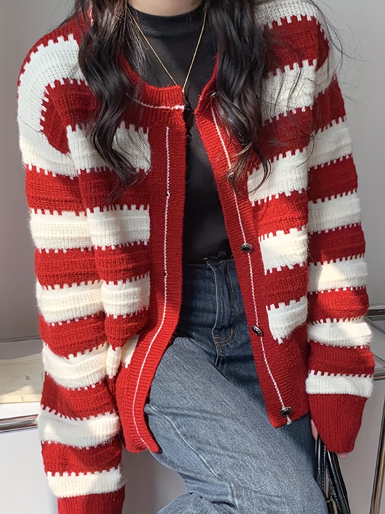 Sixsr Striped Pattern Button Front Cardigan, Vintage Long Sleeve Drop Shoulder Outwear, Women's Clothing