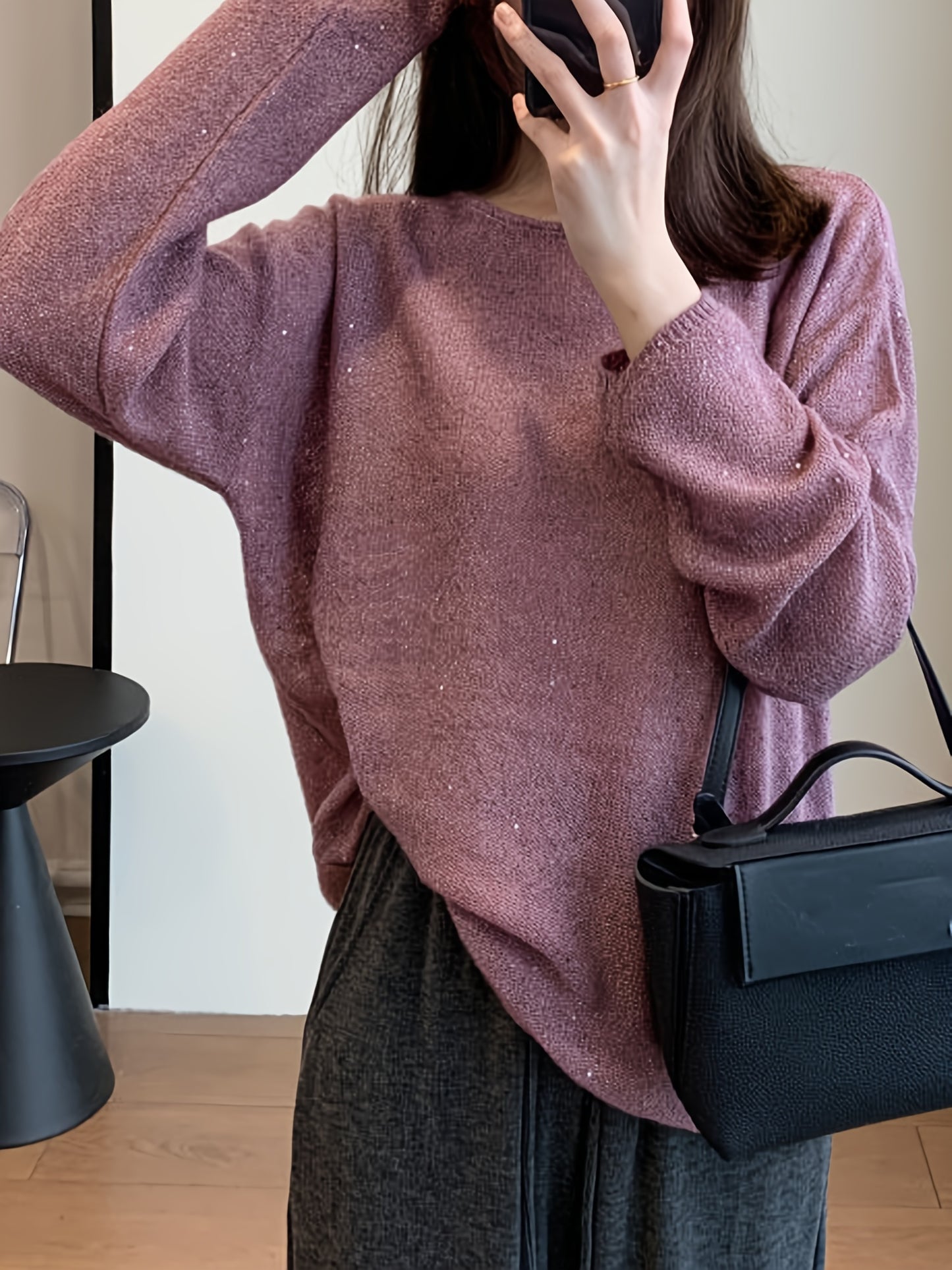 Sixsr Solid Crew Neck Pullover Sweater, Elegant Long Sleeve Drop Shoulder Sweater, Women's Clothing