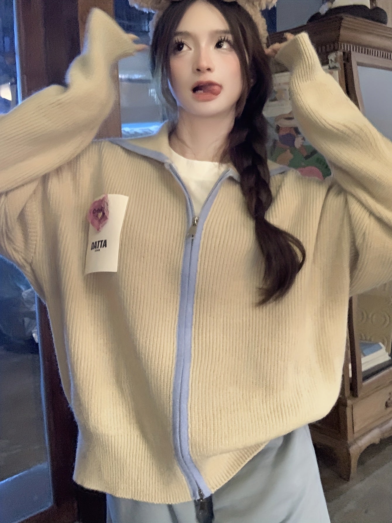 Sixsr Color Block Zip Up Knit Cardigan, Casual Collared Long Sleeve Loose Sweater, Women's Clothing