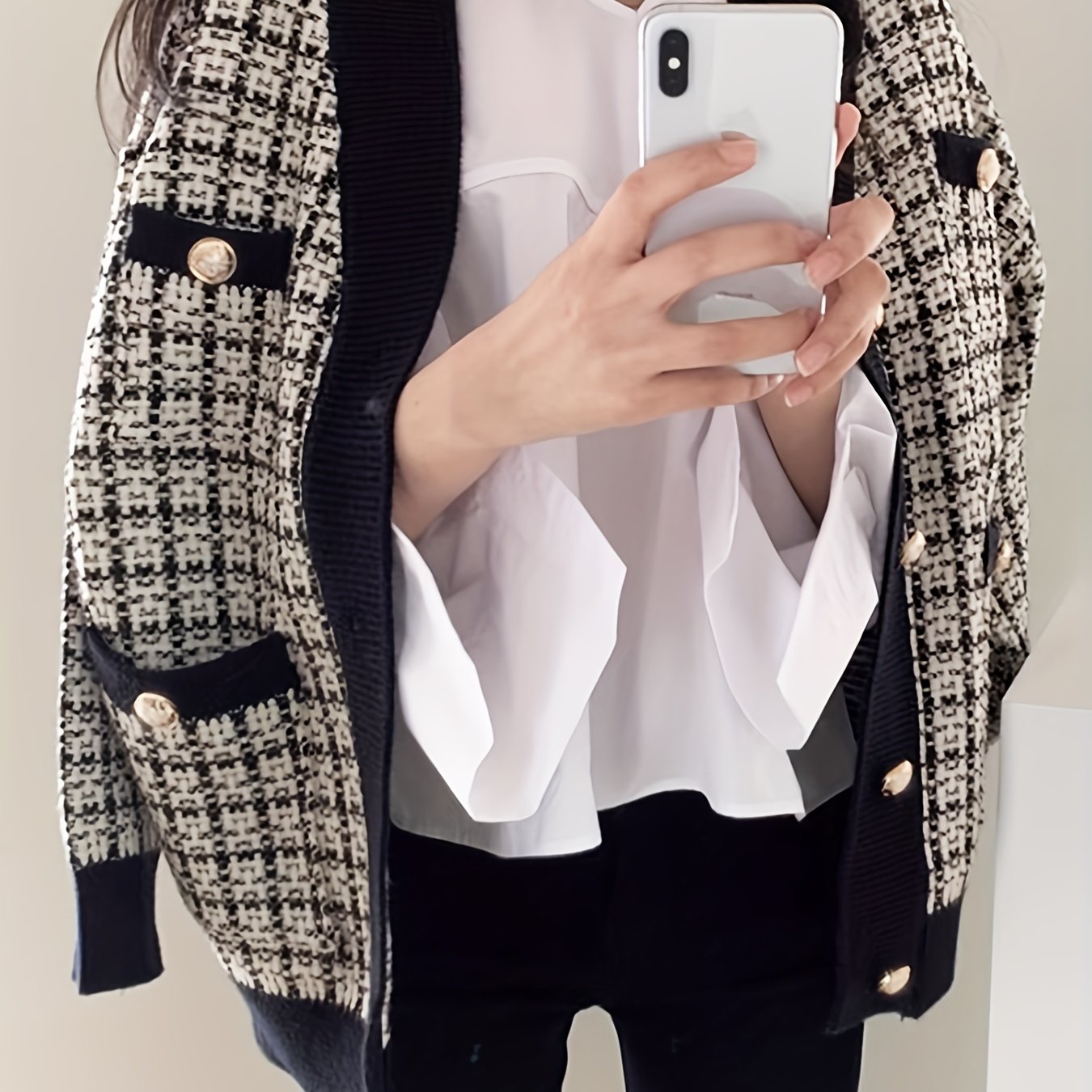 Sixsr Plaid Button Down Knit Cardigan, Vintage Long Sleeve Pocket Fashion Sweater, Women's Clothing