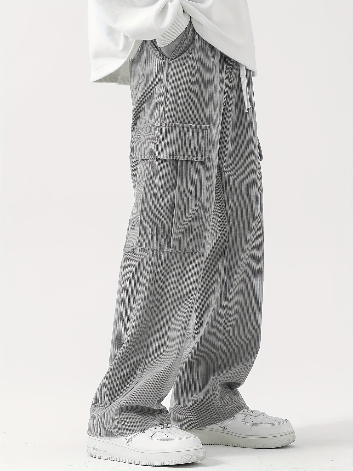 Sixsr Corduroy Multi Flap Pockets Men's Straight Leg Cargo Pants, Loose Baggy Pant Casual Outdoor Pants, Men's Work Pants For Hiking Fishing Angling