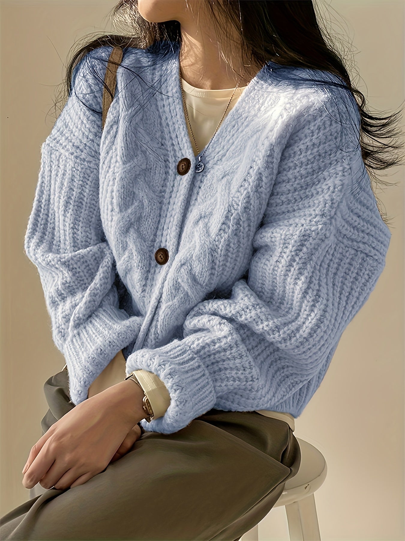 Sixsr Button Front Chunky Knit Cardigan, Vintage Long Sleeve Cardigan For Fall & Winter, Women's Clothing