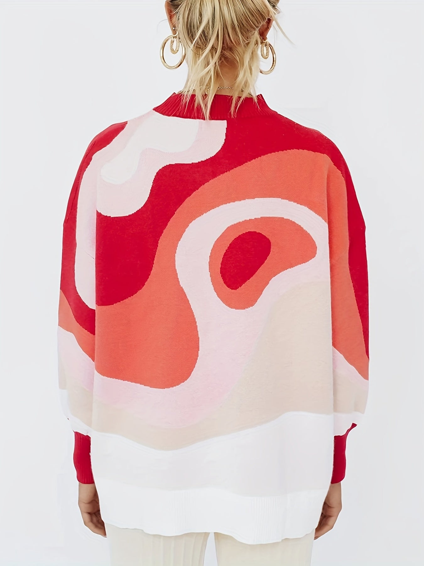 Sixsr Plus Size Casual Sweater, Women's Plus Abstract Print Long Sleeve Mock Neck Medium Stretch Pullover Jumper