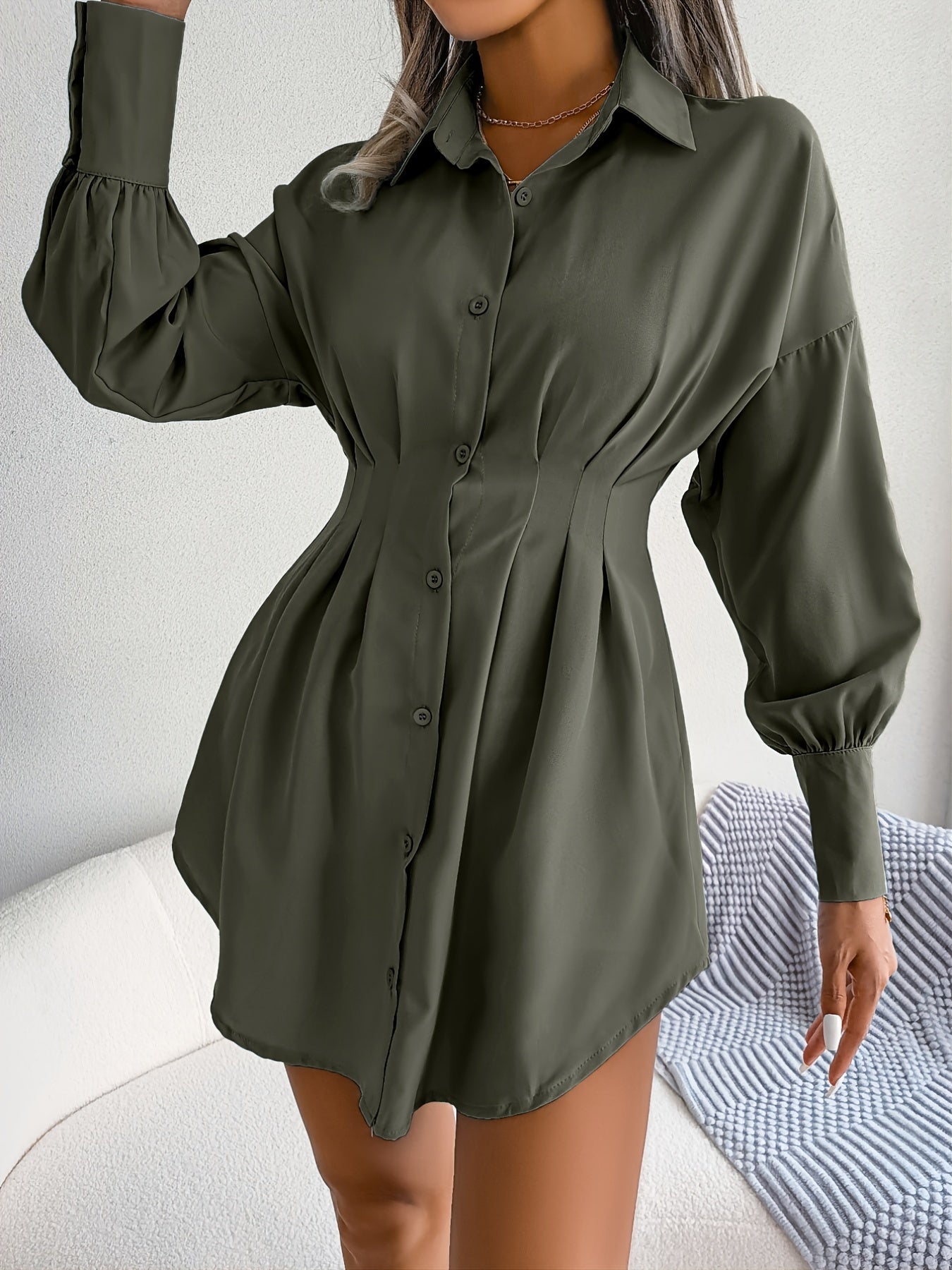 Sixsr Lantern Sleeve Pleated Waist Dress, Casual Shirt Dress For Spring & Fall, Women's Clothing