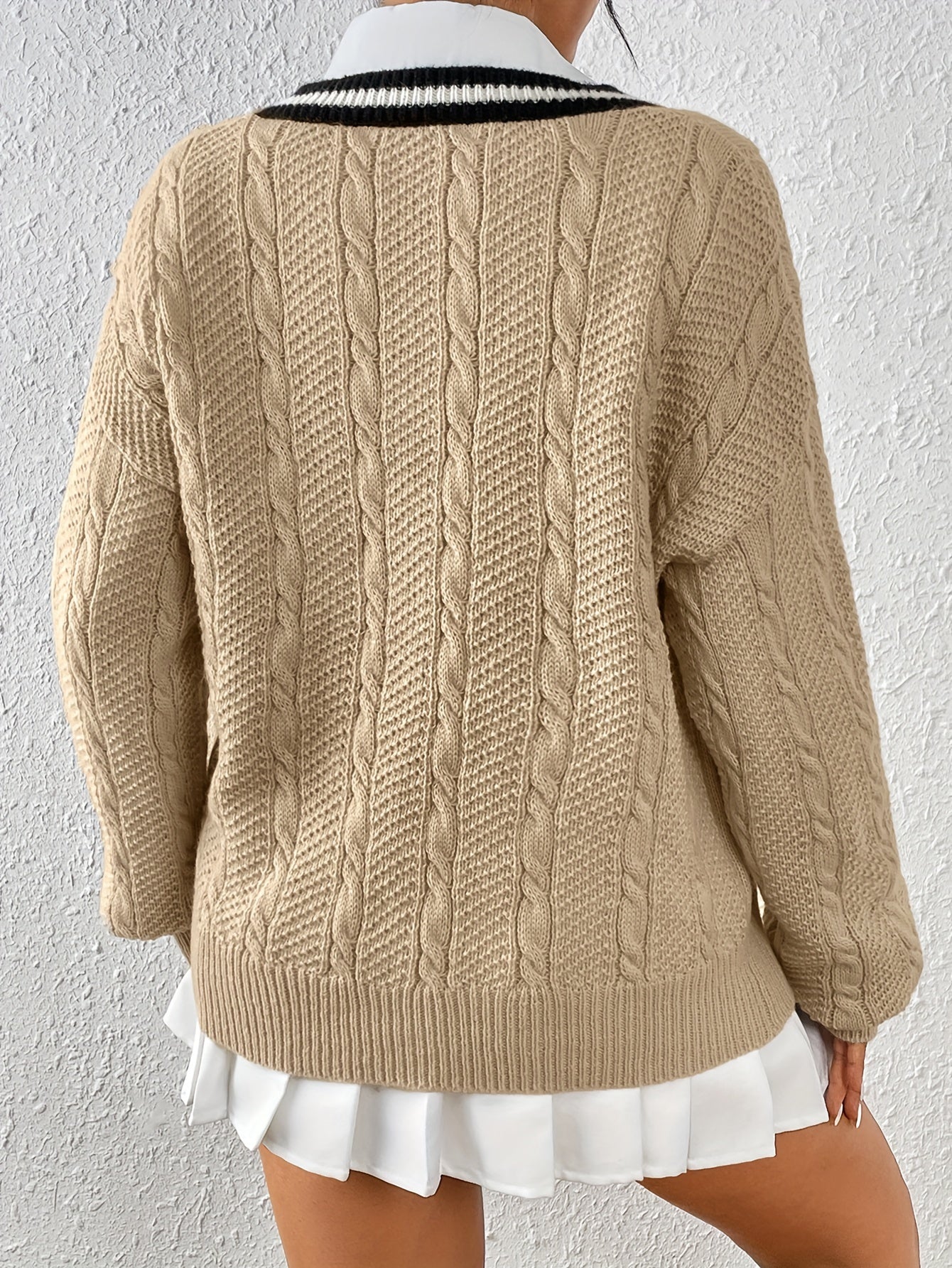 Sixsr Cable Knit V Neck Pullover Sweater, Casual Long Sleeve Loose Sweater, Women's Clothing