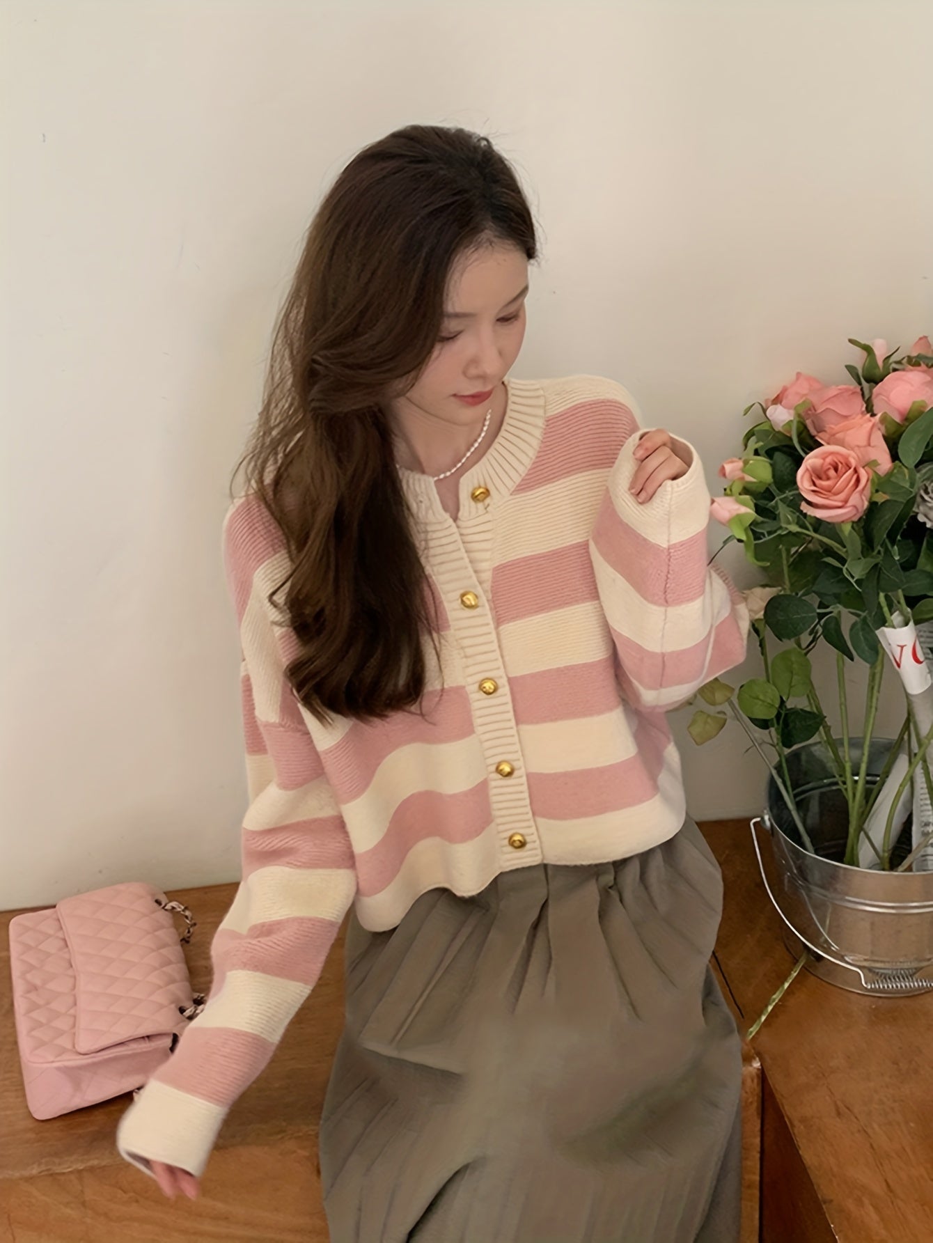 Sixsr Striped Button Front Cardigan, Casual Long Sleeve Knitted Cardigan, Women's Clothing