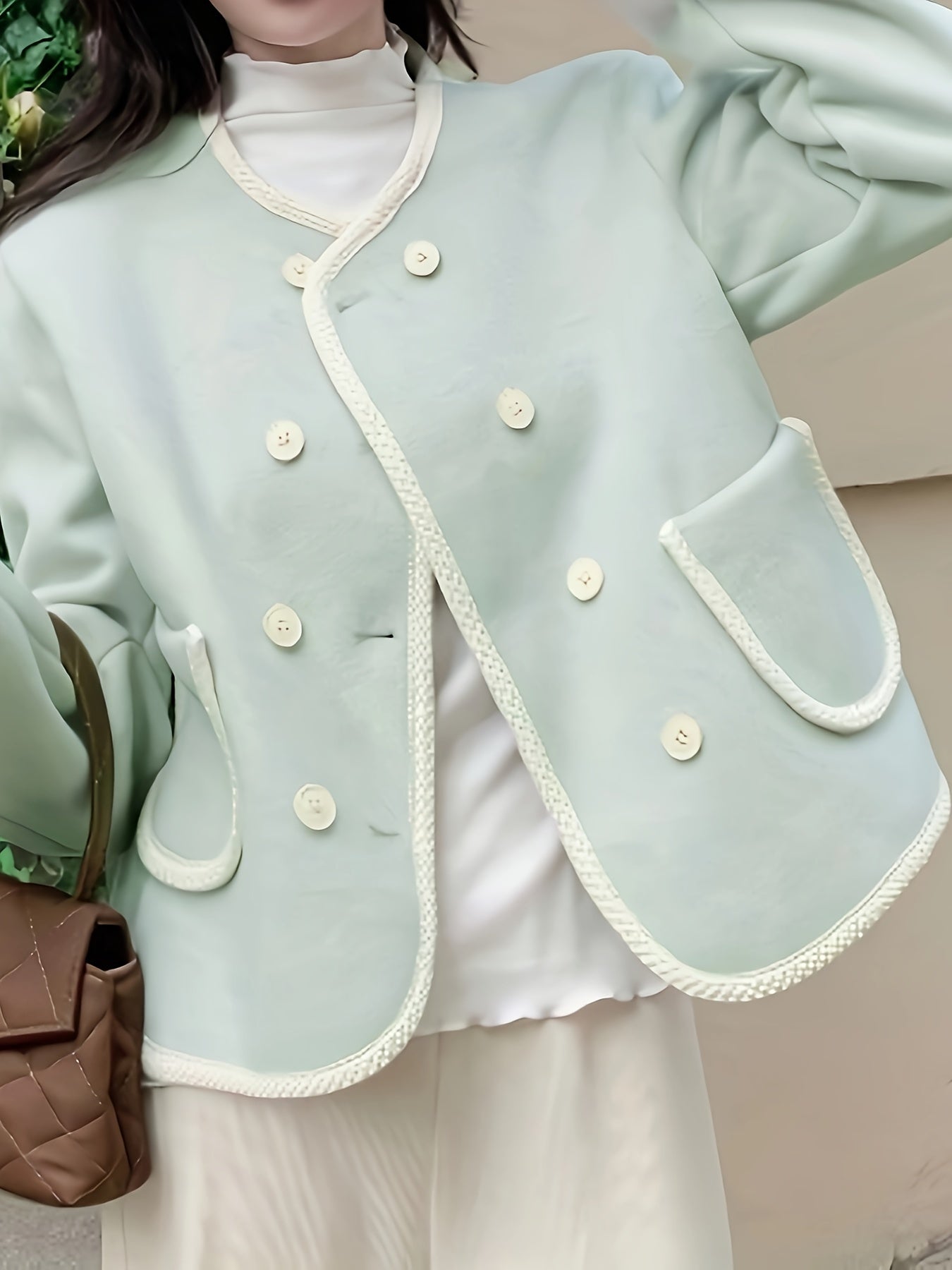 Sixsr Fuzzy Trim Crew Neck Jacket, Elegant Double Breasted Long Sleeve Outerwear, Women's Clothing