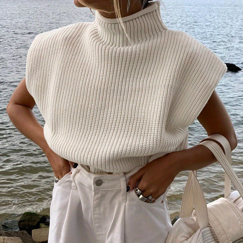 Sixsr High Neck Solid Knit Sweater, Casual Short Sleeve Ribbed Sweater, Women's Clothing