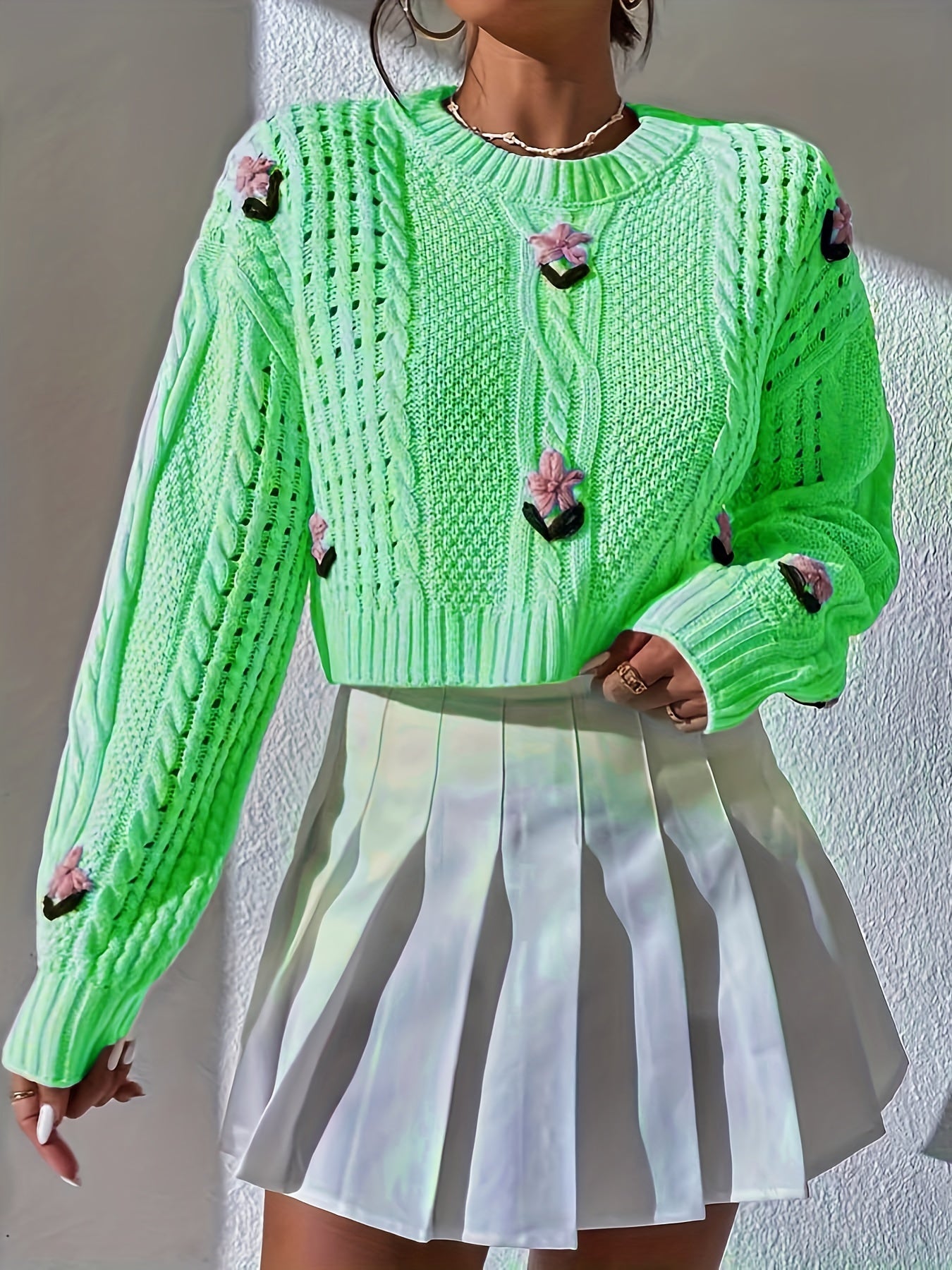 Sixsr Cropped Knit Sweater, Casual Crew Neck Long Sleeve Sweater, Women's Clothing
