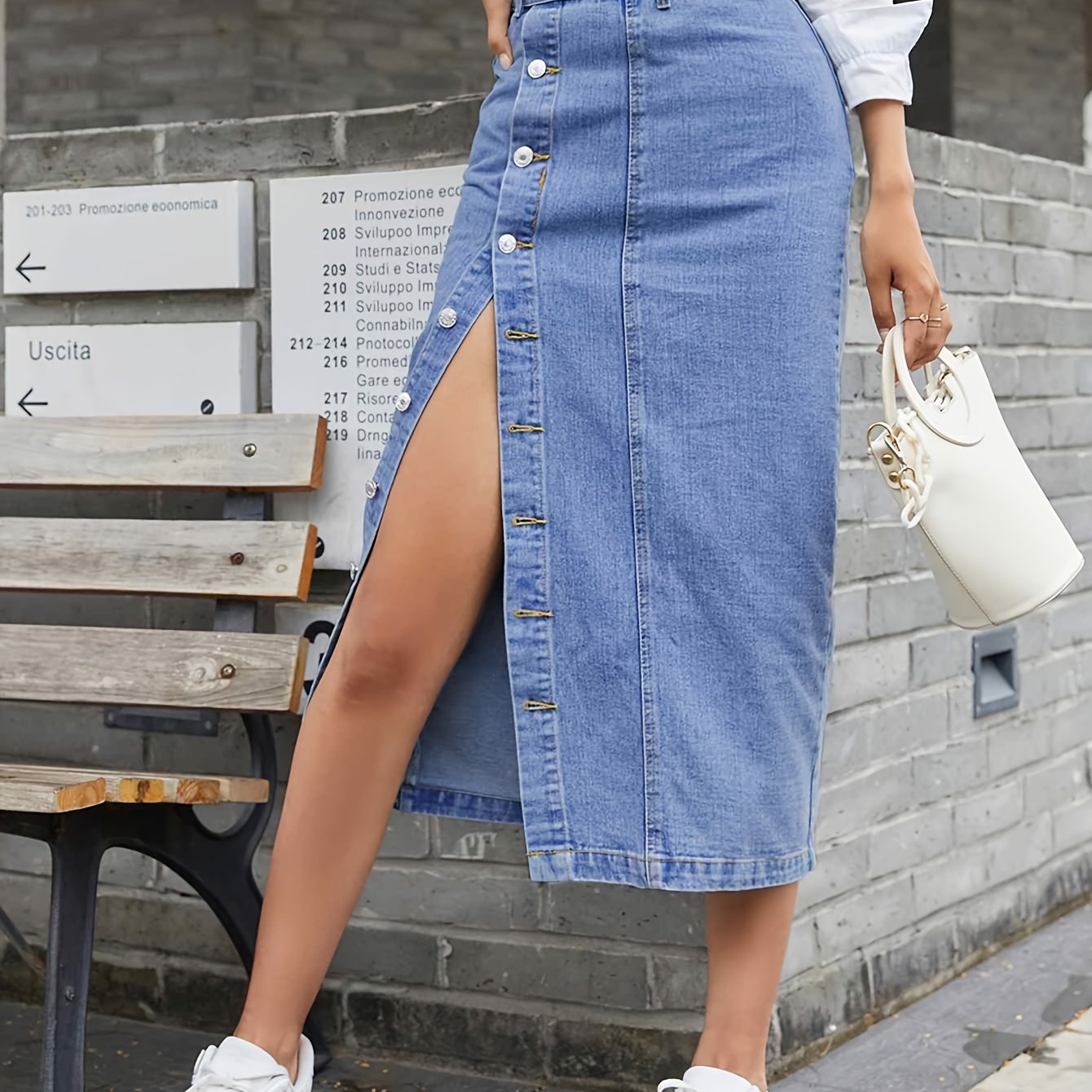 Sixsr Side Single-breasted Button Split Denim Skirts, High Waist Patchwork Versatile Denim Skirts, Women's Denim Clothing