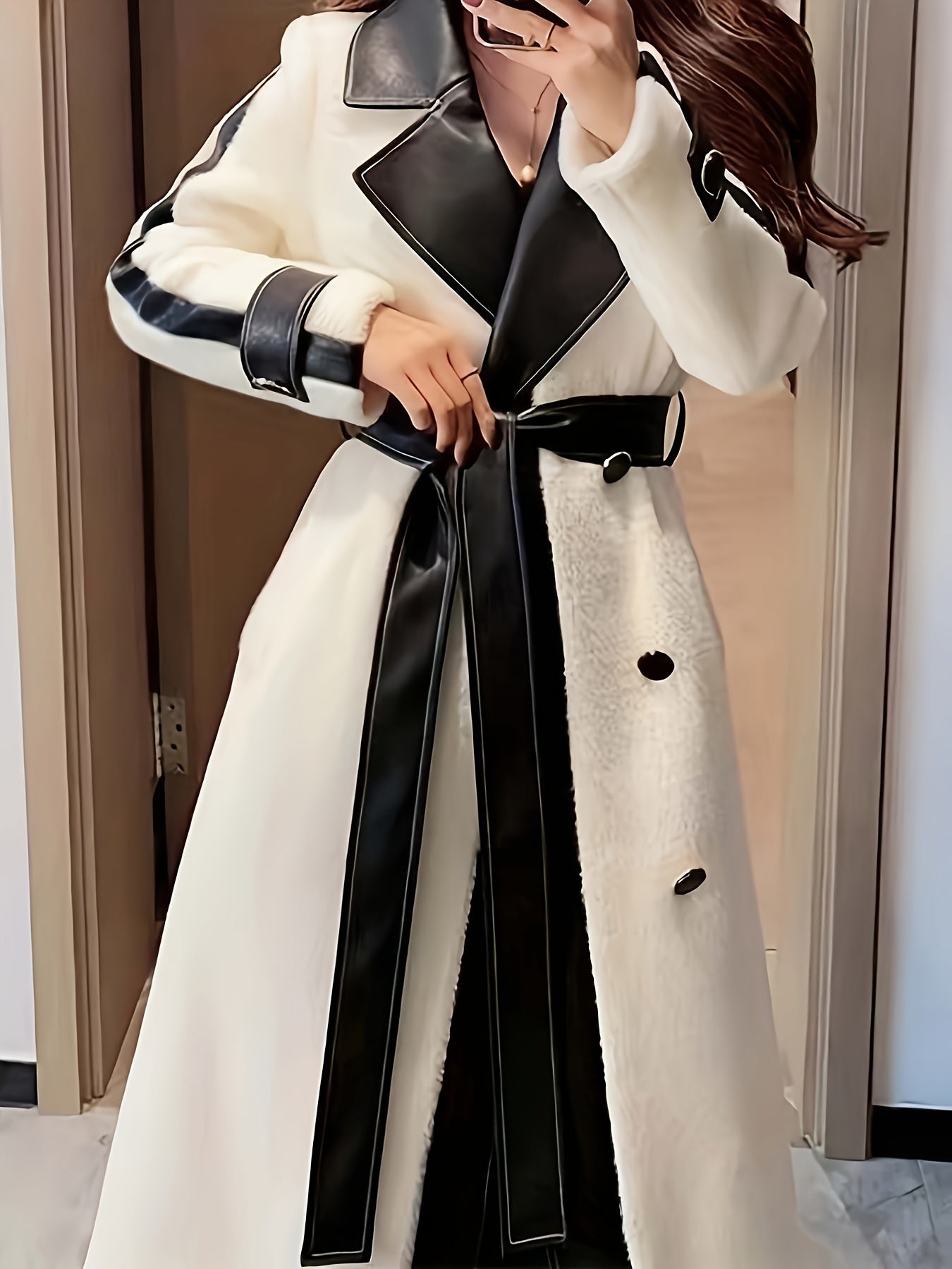 Sixsr Color Block Lapel Collar Belted Coat, Elegant Long Sleeve Plush Warm Outerwear, Women's Clothing