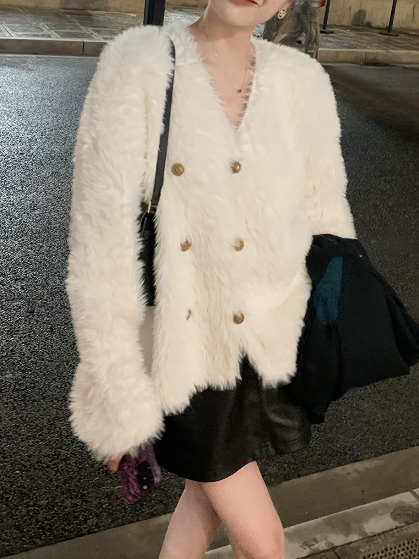 Sixsr Plush Double Breasted Knit Cardigan, Casual Long Sleeve Cozy Sweater For Fall & Winter, Women's Clothing