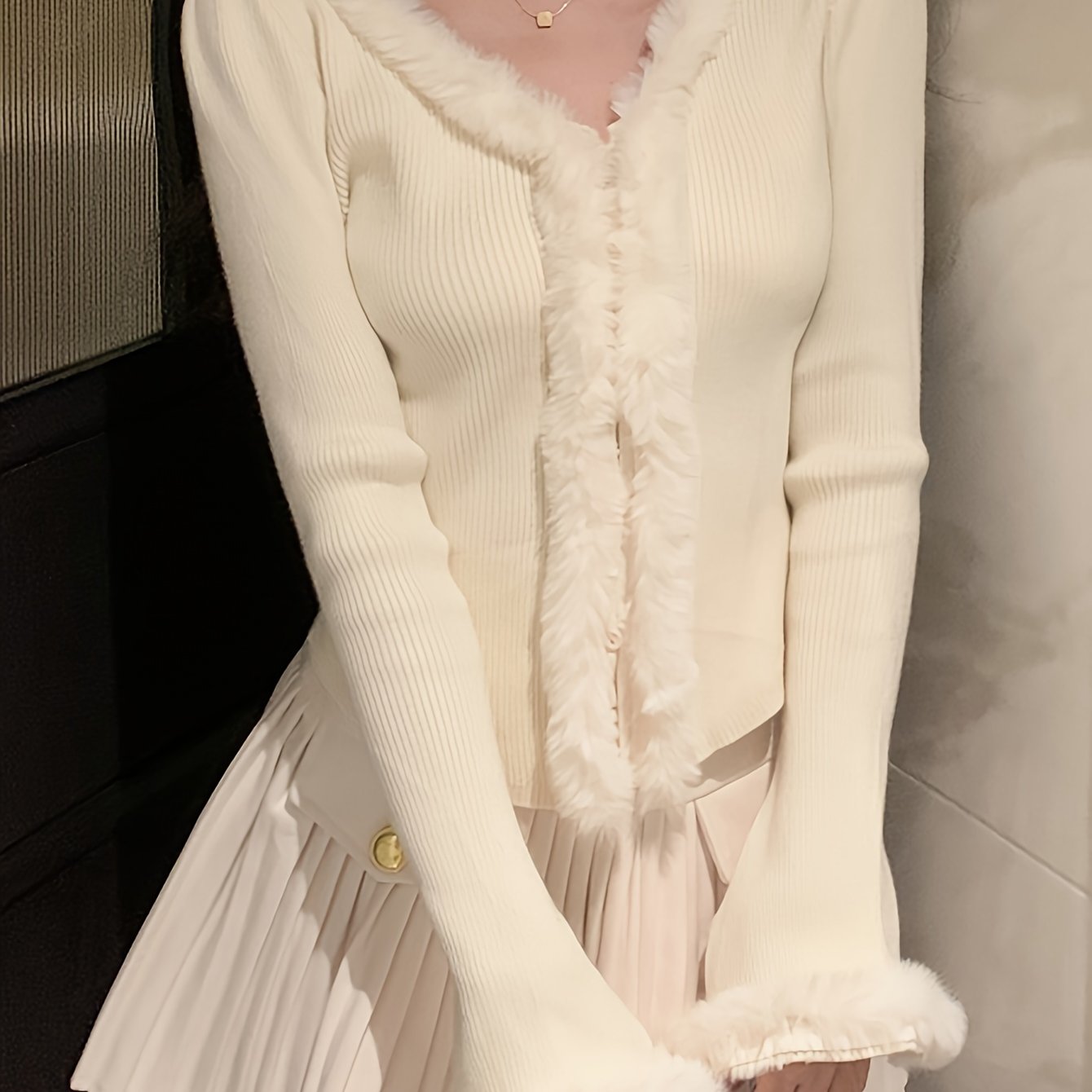 Sixsr Solid Faux Fur Decor V-neck Cardigan, Elegant Long Sleeve Slim Knit Cardigan For Fall & Winter, Women's Clothing