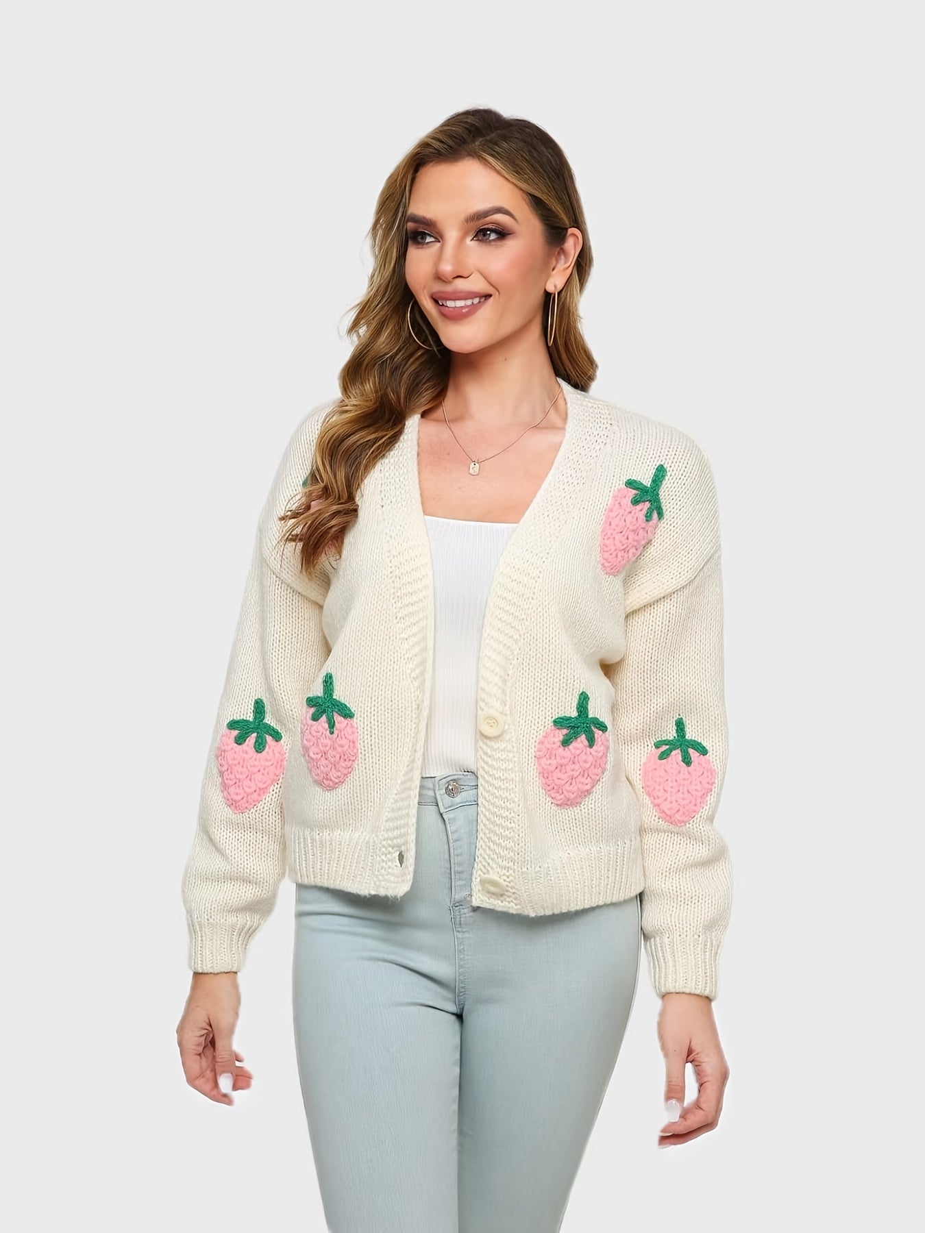 Sixsr Women's Sweater Women's Strawberry Pattern Button Through Cardigan