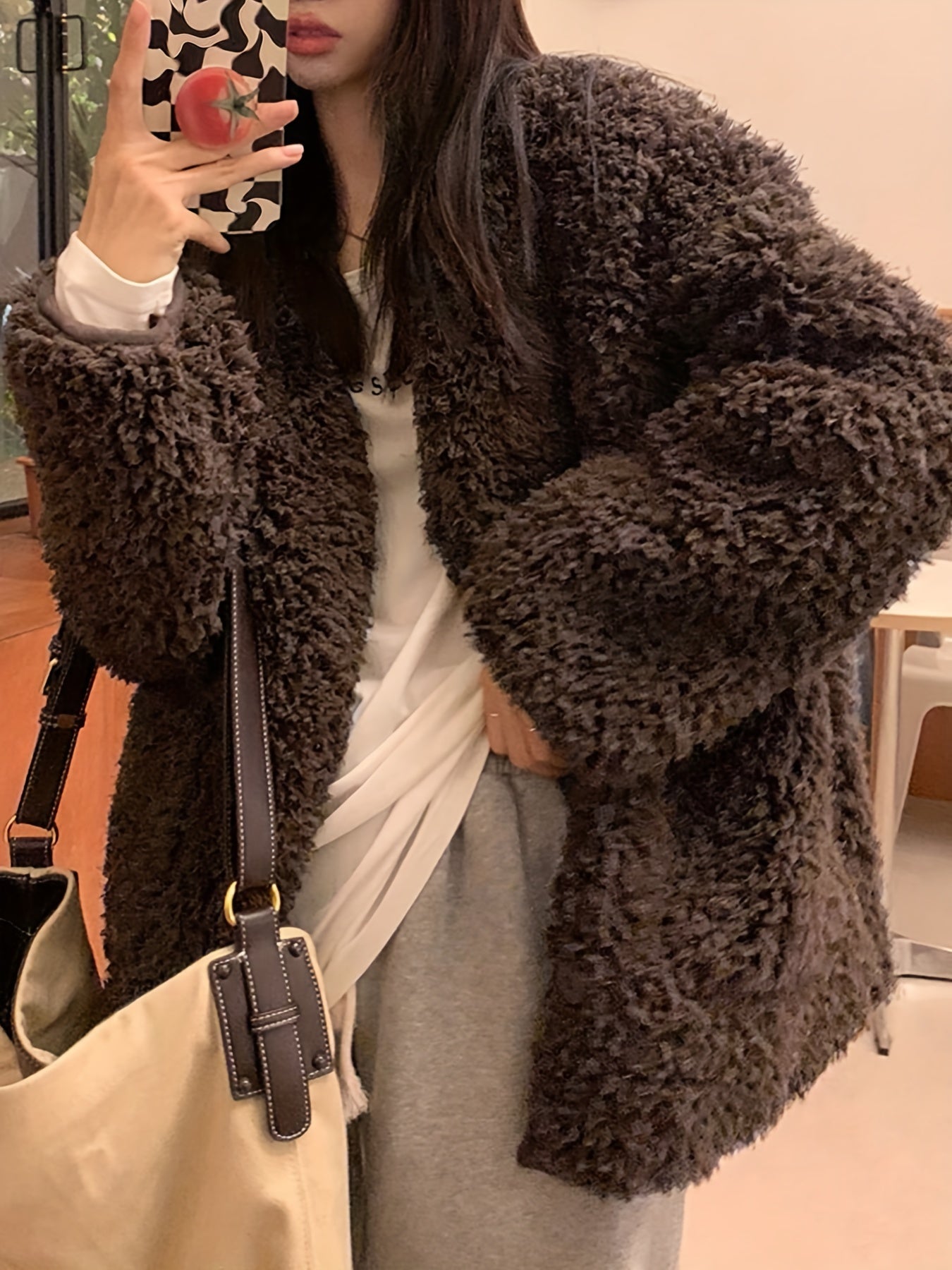 Sixsr Faux Fur Open Front Coat, Casual Long Sleeve Winter Warm Outerwear, Women's Clothing