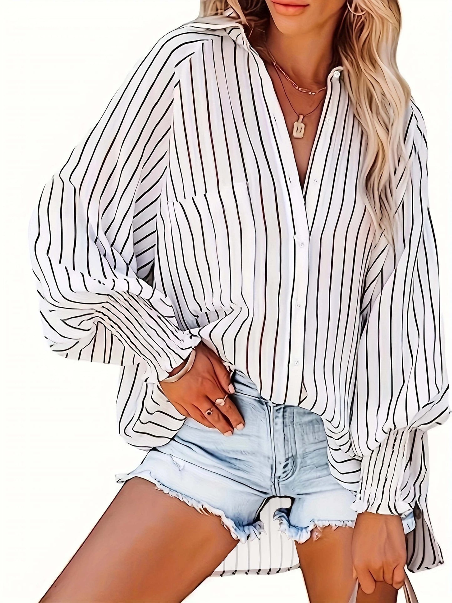 Sixsr Plus Size Casual Blouse, Women's Plus Striped Print Lantern Sleeve Button Up Lapel Collar Slight Stretch Tunic Shirt Top