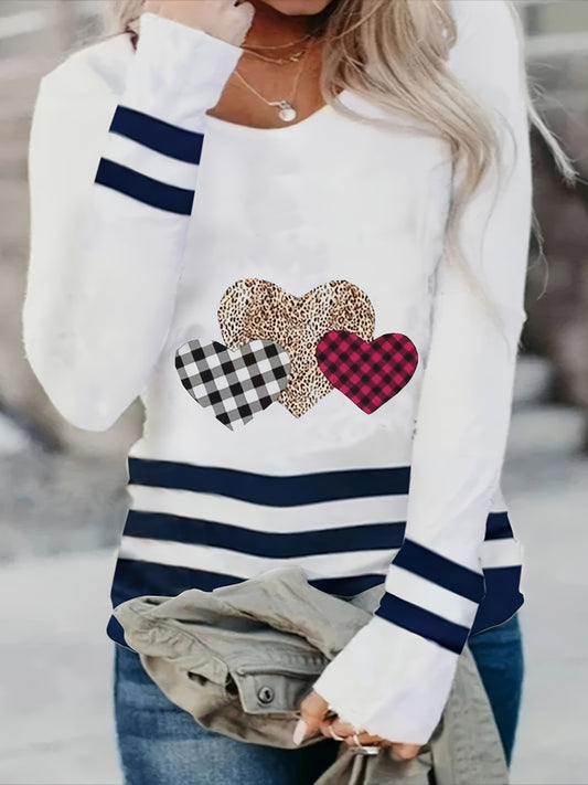 Sixsr Plus Size Casual Top, Women's Plus Colorblock Stripe & Anchor Print Long Sleeve Round Neck Medium Stretch Top