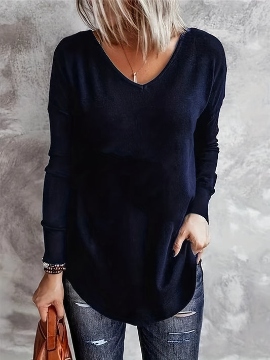 Sixsr Plus Size Casual Knit Top, Women's Plus Solid Long Sleeve V Neck Round Hem Medium Stretch Knit Top