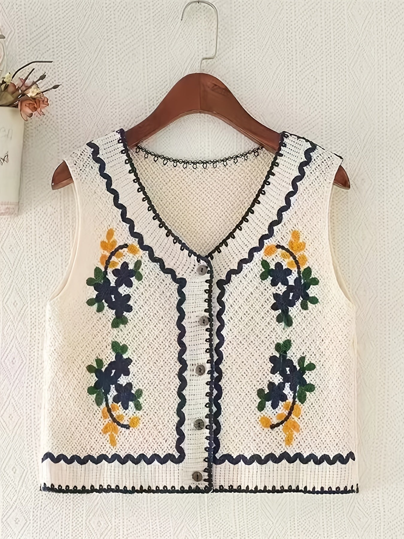 Sixsr Floral Embroidery Button Front Cardigan, Vintage V Neck Sleeveless Sweater For Spring & Summer, Women's Clothing