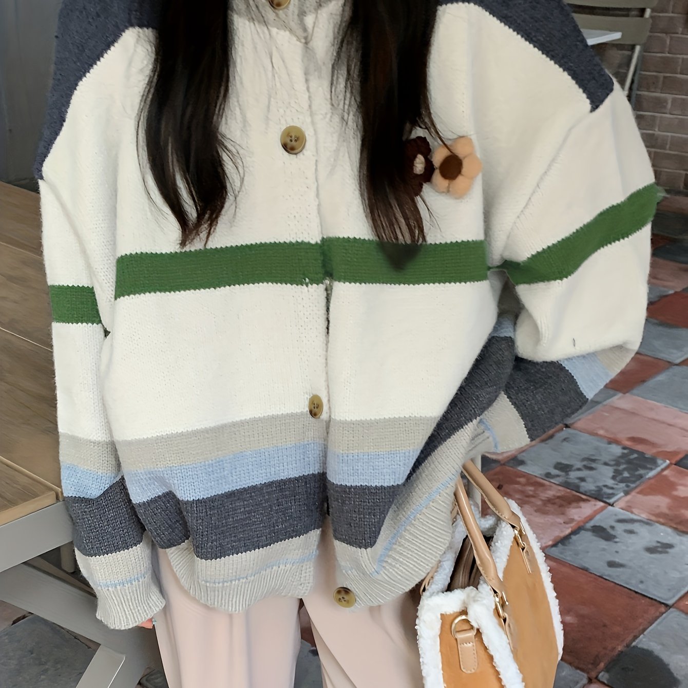 Sixsr Striped Button Front Cardigan, Casual Long Sleeve Drop Shoulder Outwear, Women's Clothing