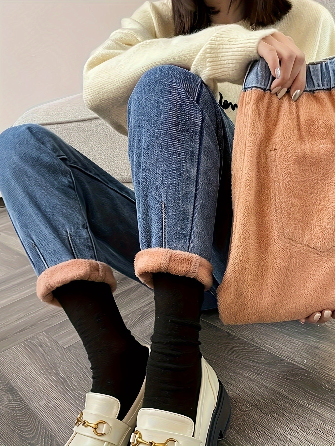 Sixsr High Waist Versatile Tapered Jeans, Fleece Liner Keep Warm Casual Mom Jeans, Women's Denim Jeans & Clothing