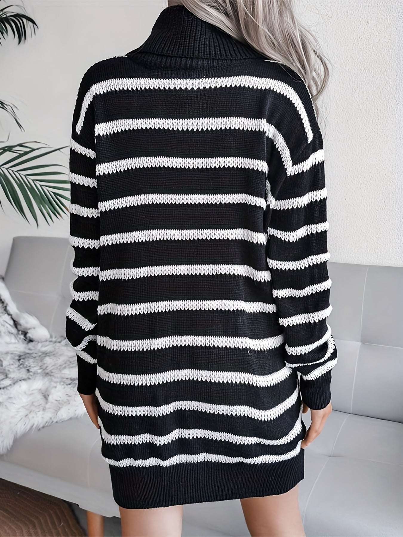 Sixsr Striped Print Turtleneck Dress, Elegant Long Sleeve Bodycon Sweater Dress, Women's Clothing
