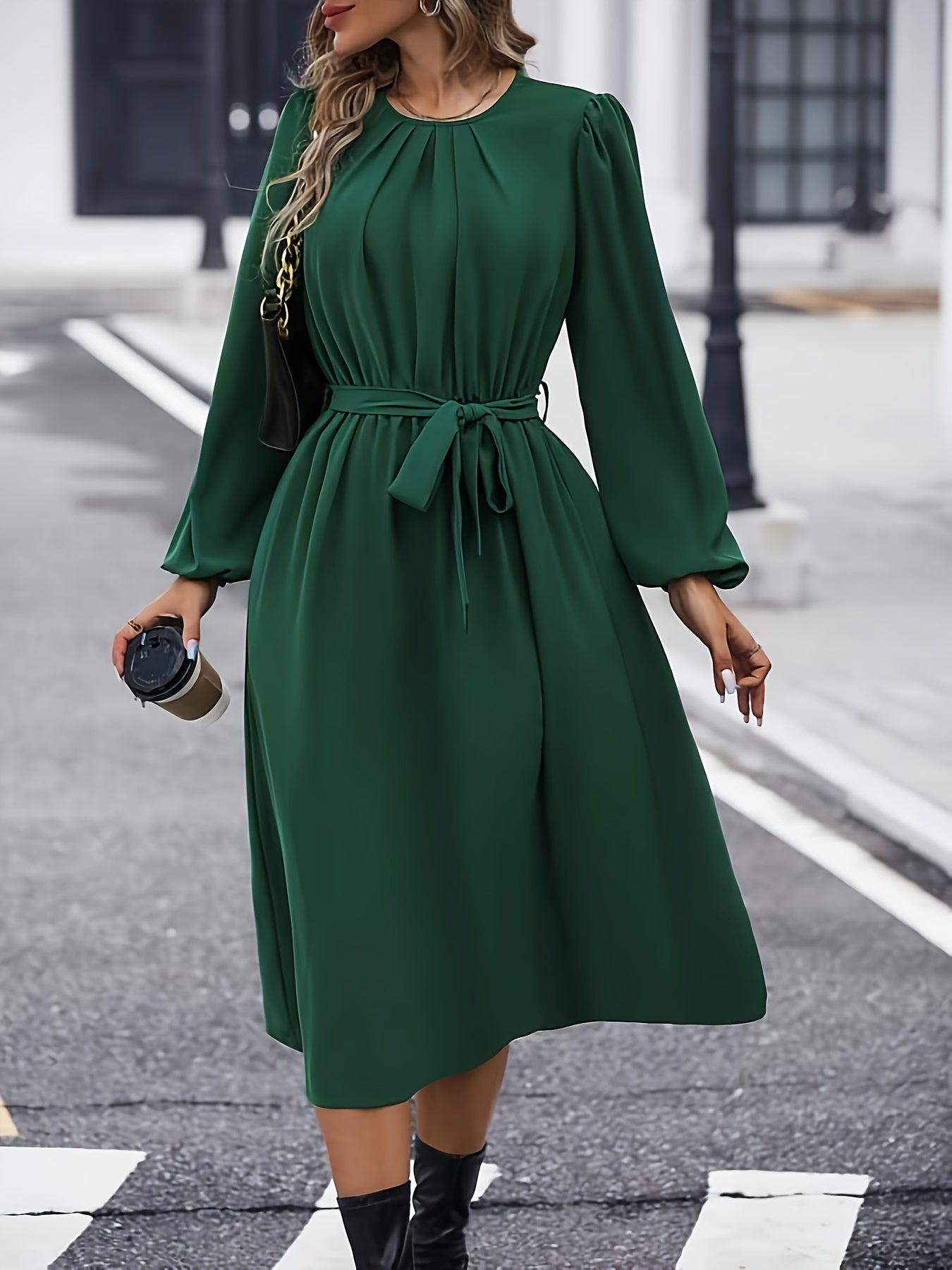 Sixsr Solid Crew Neck Ruched Dress, Elegant Lantern Sleeve Belted Dress, Women's Clothing