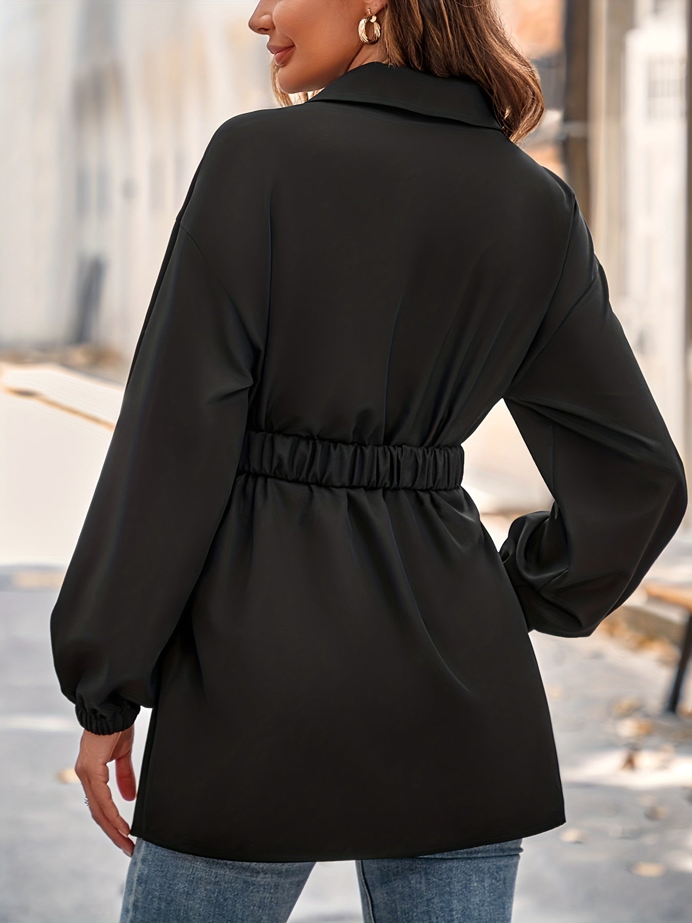 Sixsr Button Front Belt Blouse, Elegant Lantern Sleeve Lapel Blouse For Spring & Fall, Women's Clothing