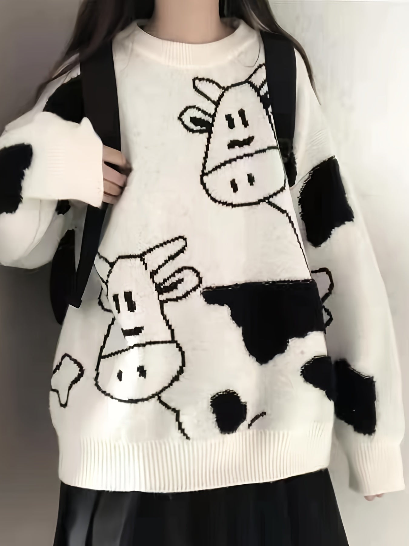 Sixsr Cute Cow Pattern Pullover Sweater, Preppy Long Sleeve Oversized Sweater, Women's Clothing