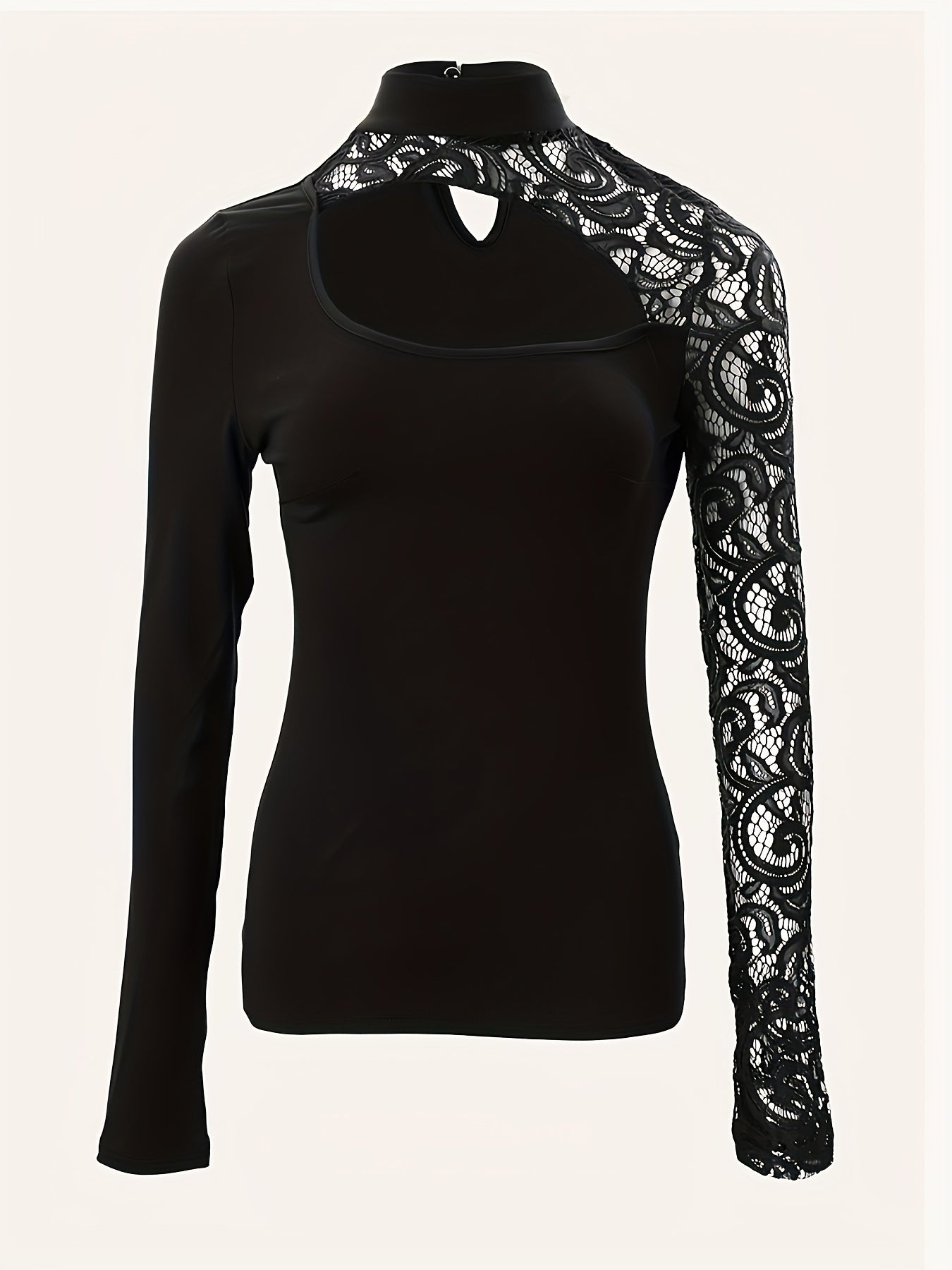 Sixsr Cutout Lace Stitching T-Shirt, Casual Mock Neck Long Sleeve Top For Spring & Summer, Women's Clothing