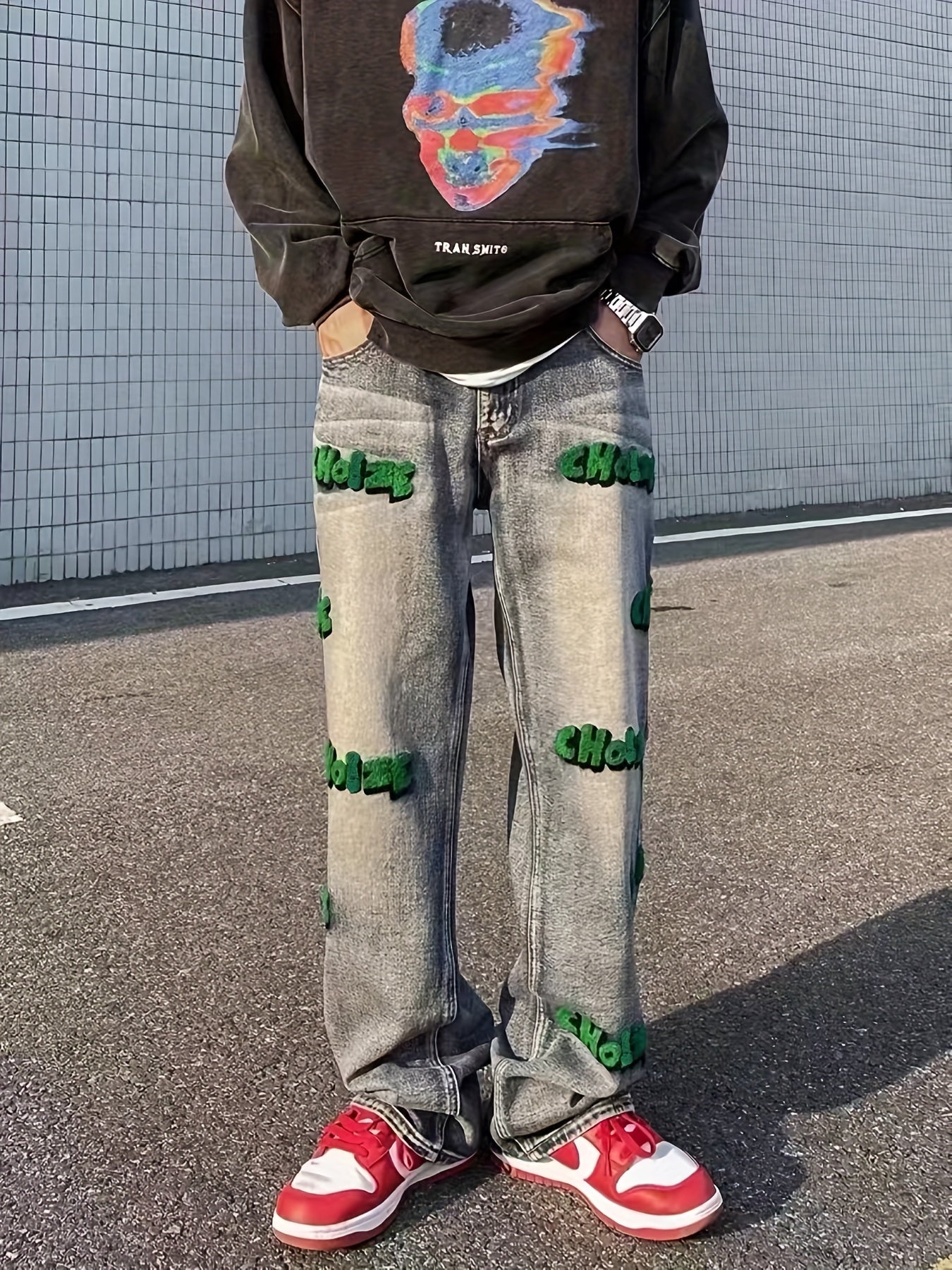 Sixsr Embroidery Cotton Baggy Jeans, Men's Casual Creative Street Style Denim Pants For Spring Summer