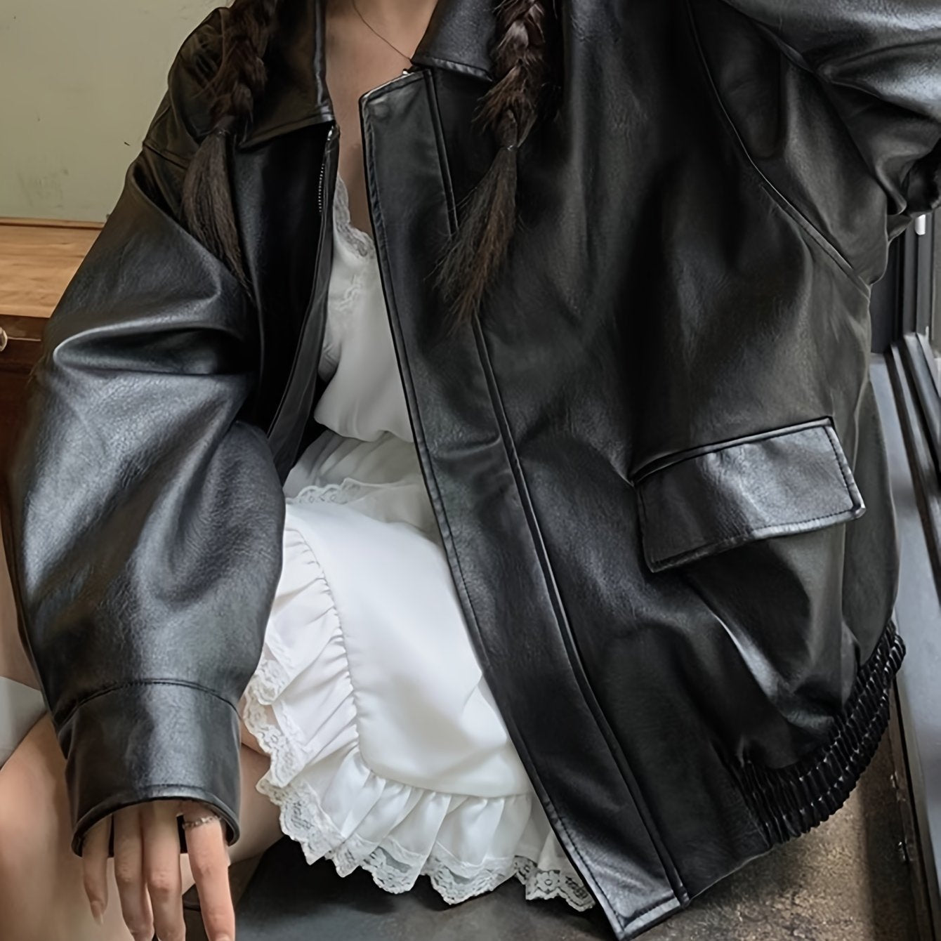 Sixsr Faux Leather Zip-up Jacket, Casual Long Sleeve Jacket For Fall & Winter, Women's Clothing