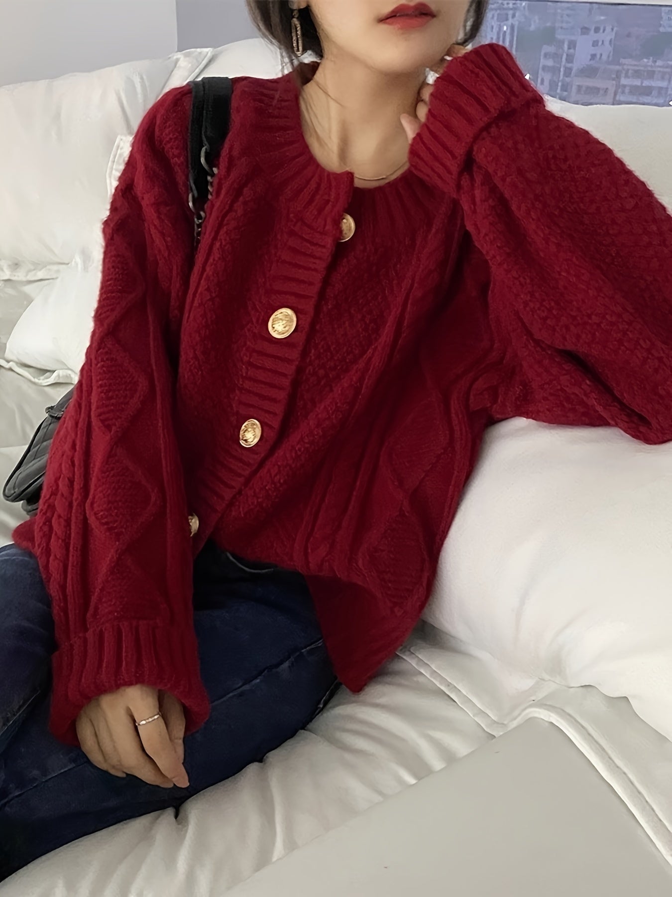 Sixsr Solid Single Breasted Simple Cardigan, Versatile Cable Knit Long Sleeve Cardigan For Spring & Fall, Women's Clothing