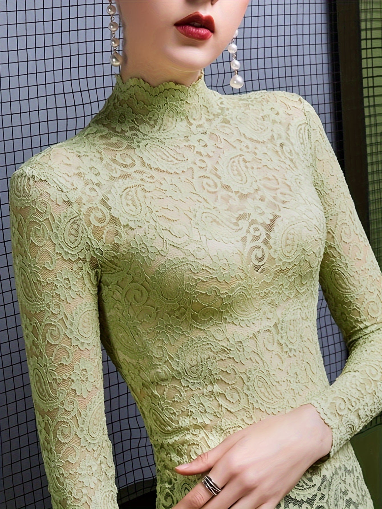 Sixsr Solid Lace Mock Neck Top, Elegant Long Sleeve Top For Spring & Fall, Women's Clothing