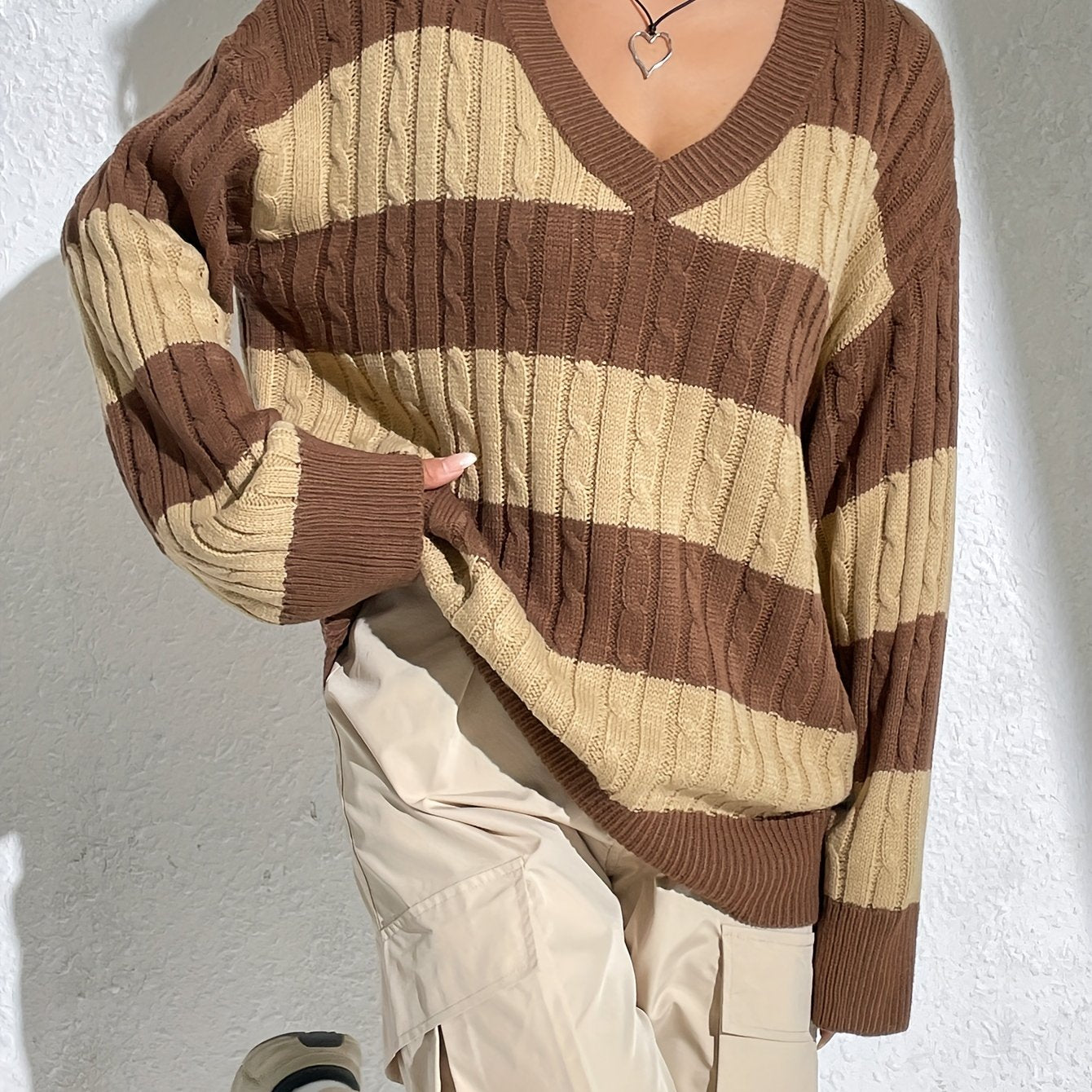 Sixsr Color Block V Neck Cable Knit Sweater, Casual Long Sleeve Drop Shoulder Sweater, Women's Clothing