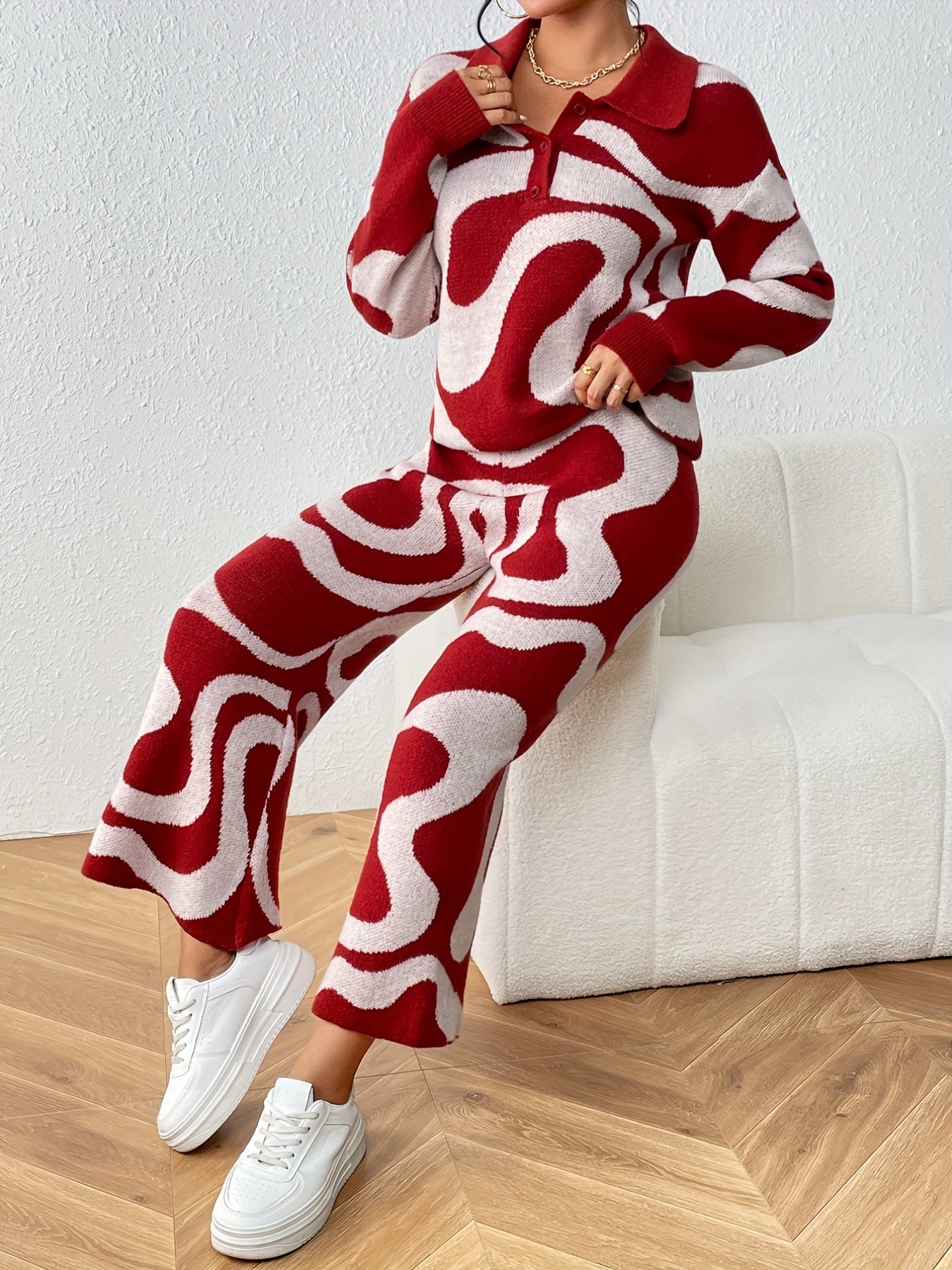 Sixsr All Over Pattern Knitted Two-piece Set, Collared Long Sleeve Top & Loose Pants Outfits, Women's Clothing