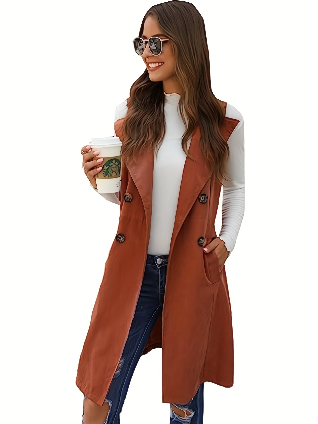 Sixsr Plus Size Casual Jacket, Women's Plus Double Breasted Sleeveless Long Vest Jacket With Pockets