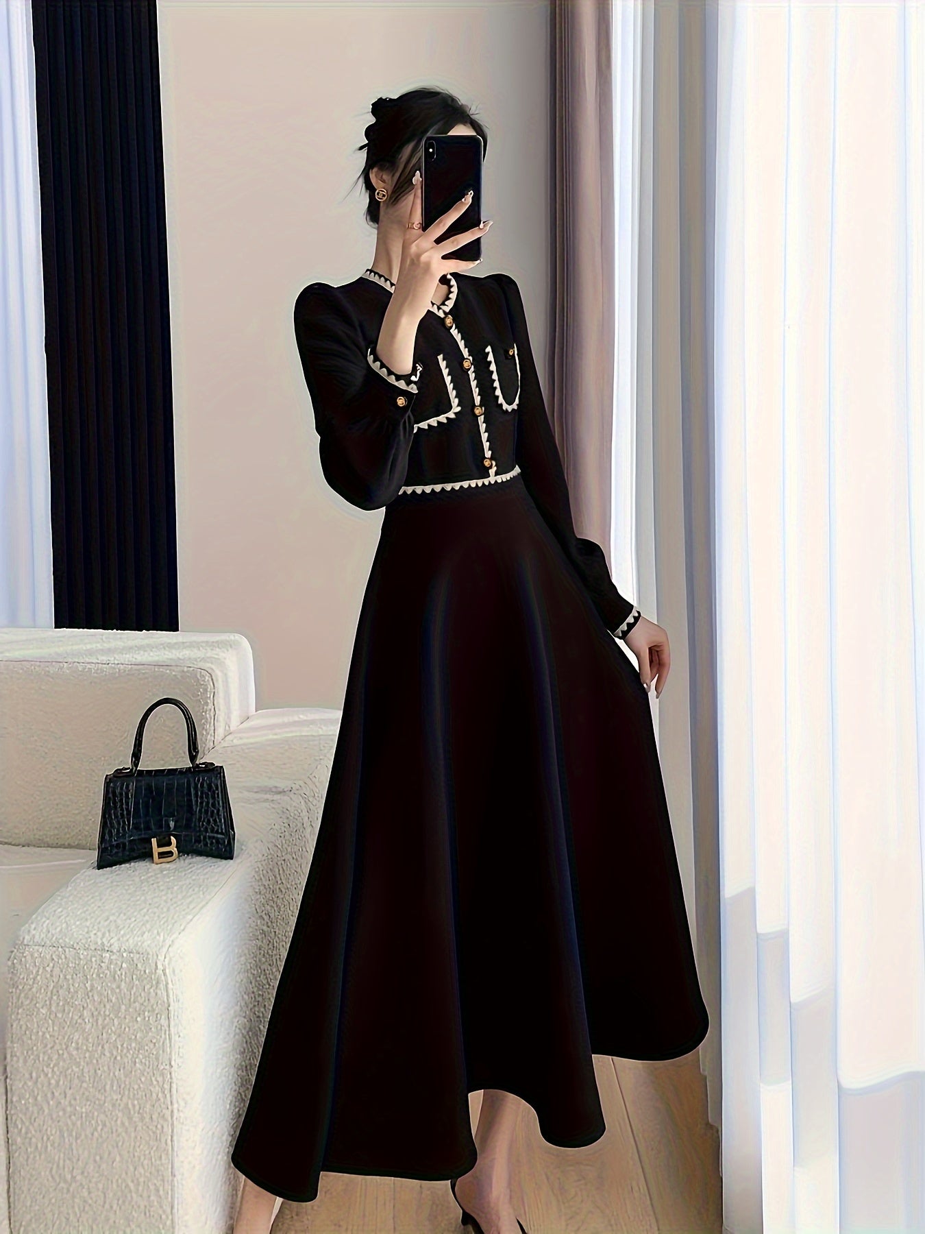 Sixsr Contrast Trim Cuff Sleeve Button Dress, Elegant V Neck A-line Dress For Spring & Fall, Women's Clothing