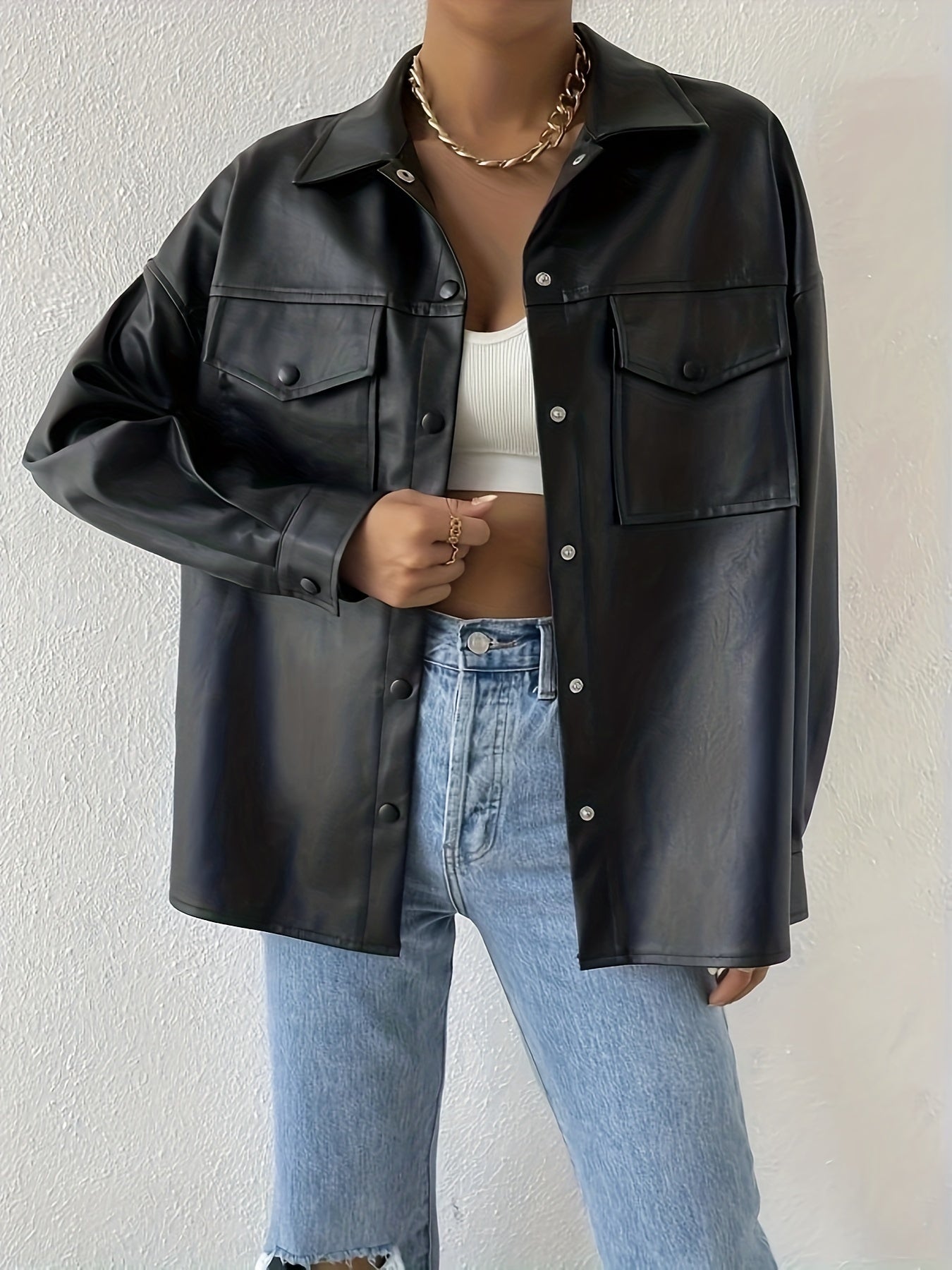 Sixsr Faux Leather Flap Pockets Jacket, Vintage Long Sleeve Drop Shoulder Solid Outwear , Women's Clothing