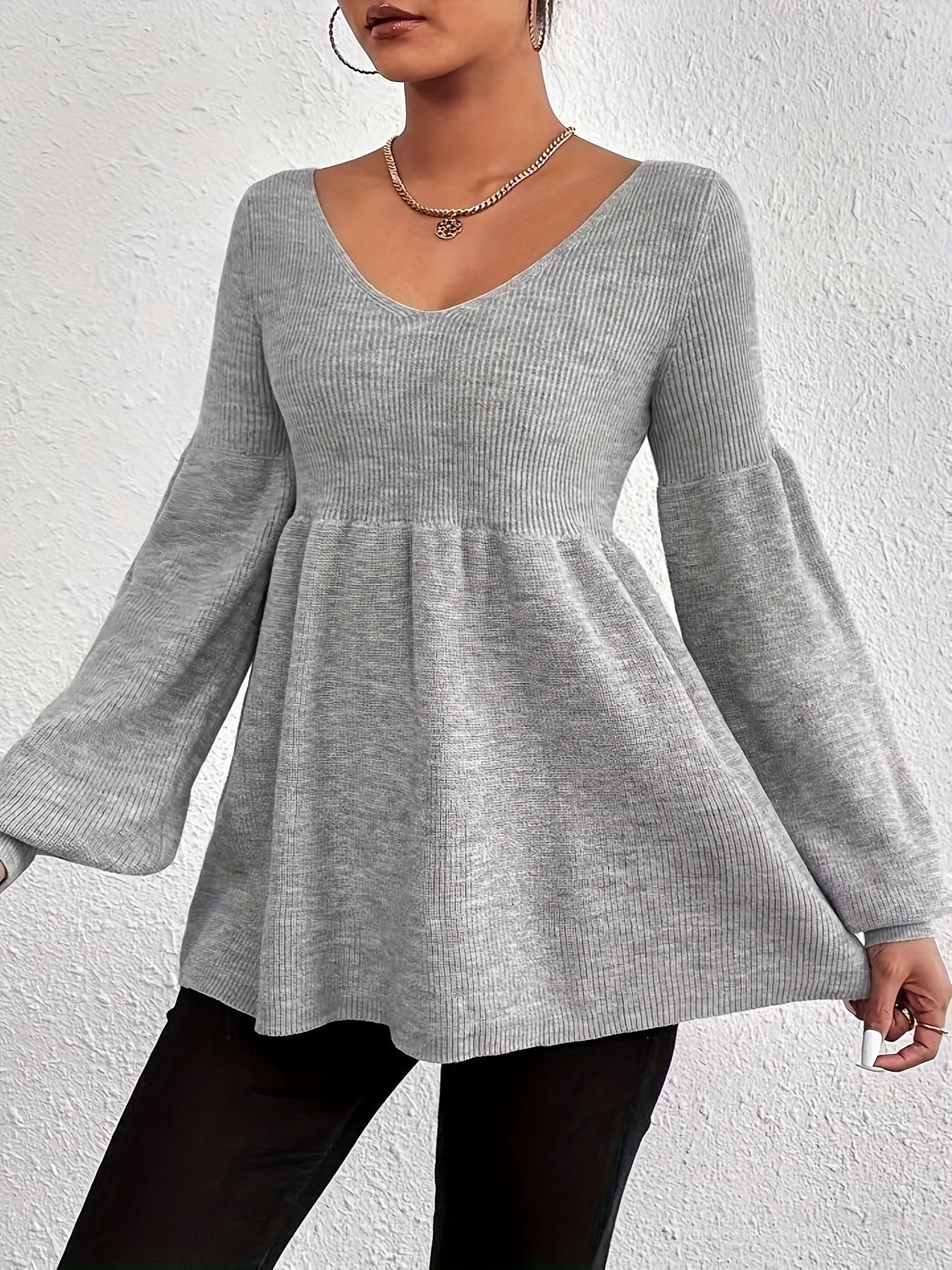 Sixsr Solid V Neck Pullover Sweater, Casual Long Sleeve Ruffle Hem Loose Sweater, Women's Clothing