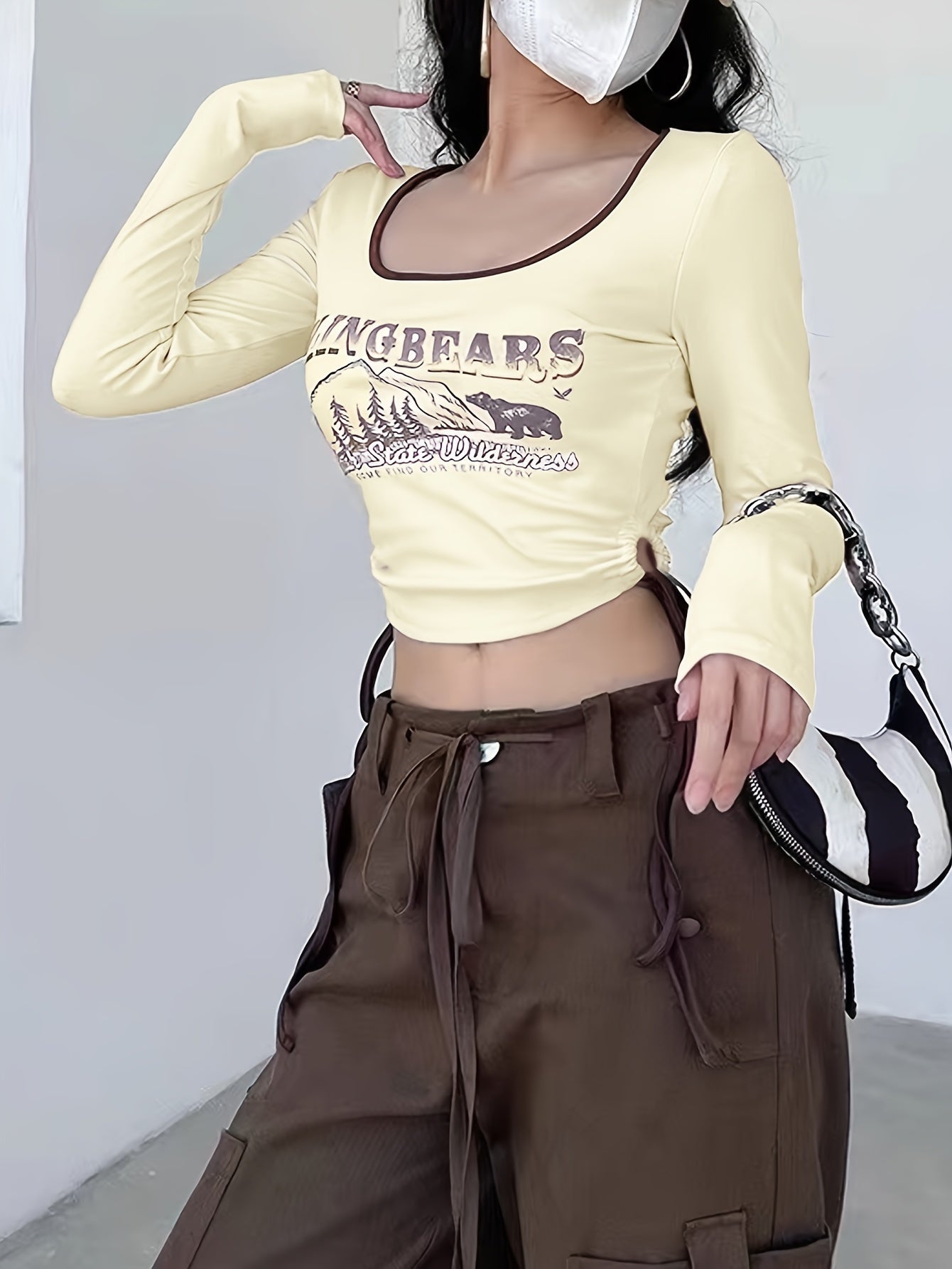 Sixsr Graphic & Letter Print Side Drawstring T-Shirt, Casual Cut Out Color Block Long Sleeve Crop Top, Women's Clothing