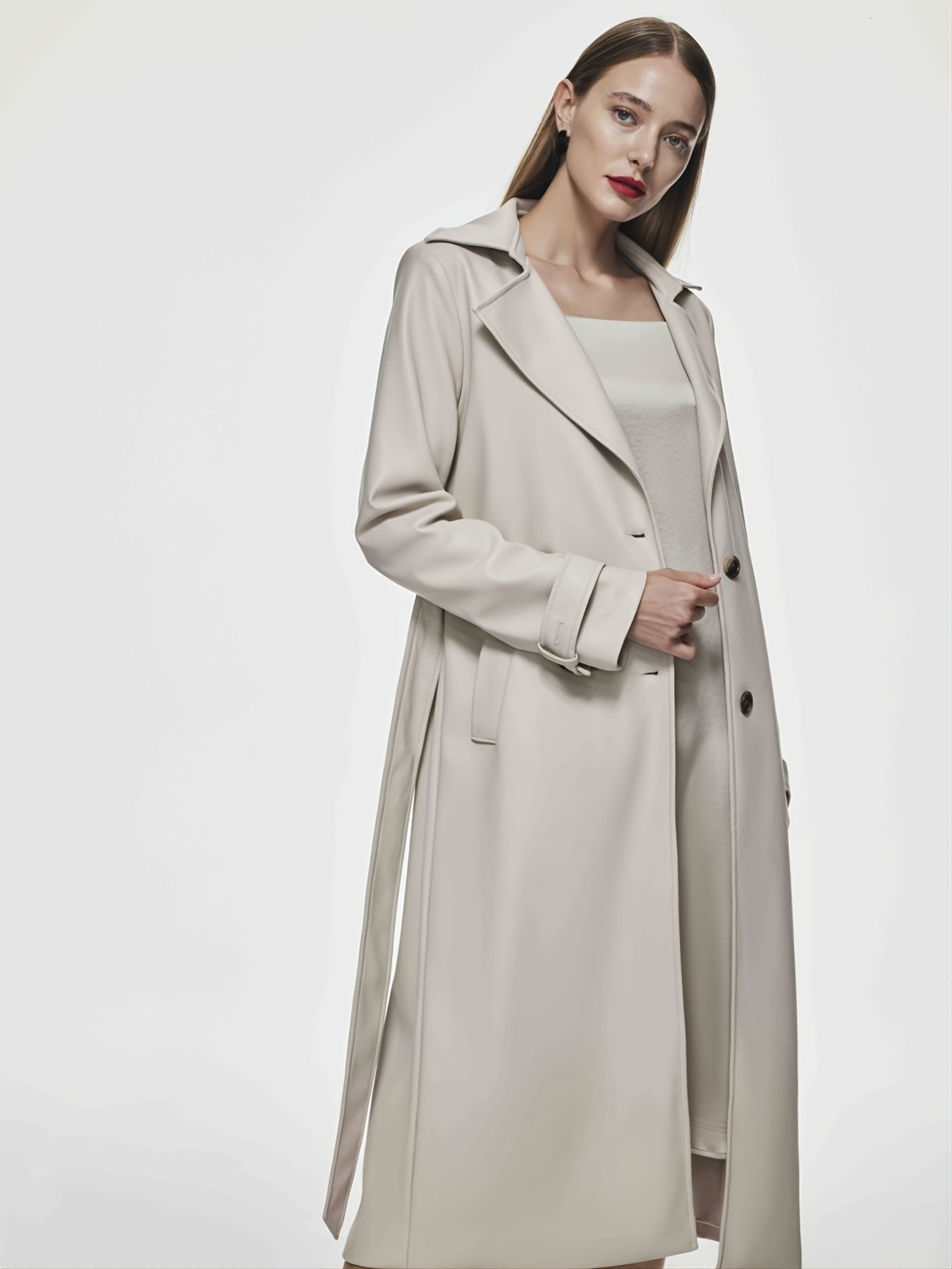 Sixsr Solid Faux Leather Double Lapel Long Sleeve Trench Coat, Fashion Fall Winter Overcoat, Women's Clothing